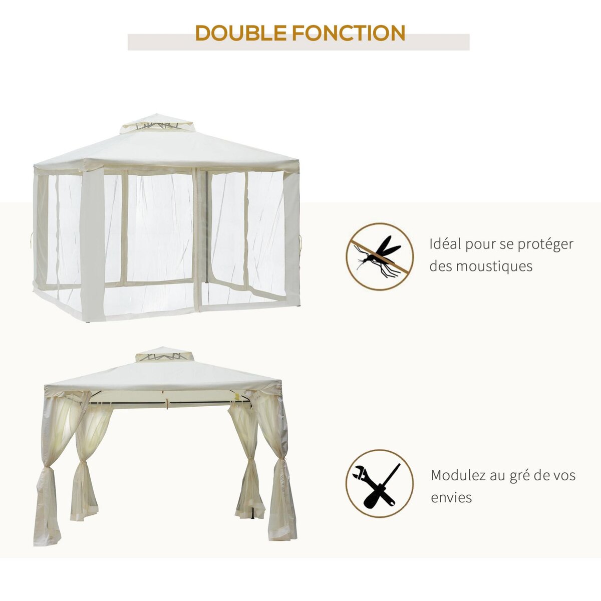 OUTSUNNY Pavillon de jardin tonnelle barnum style colonial double toit toiles moustiquaires amovibles zippées crème