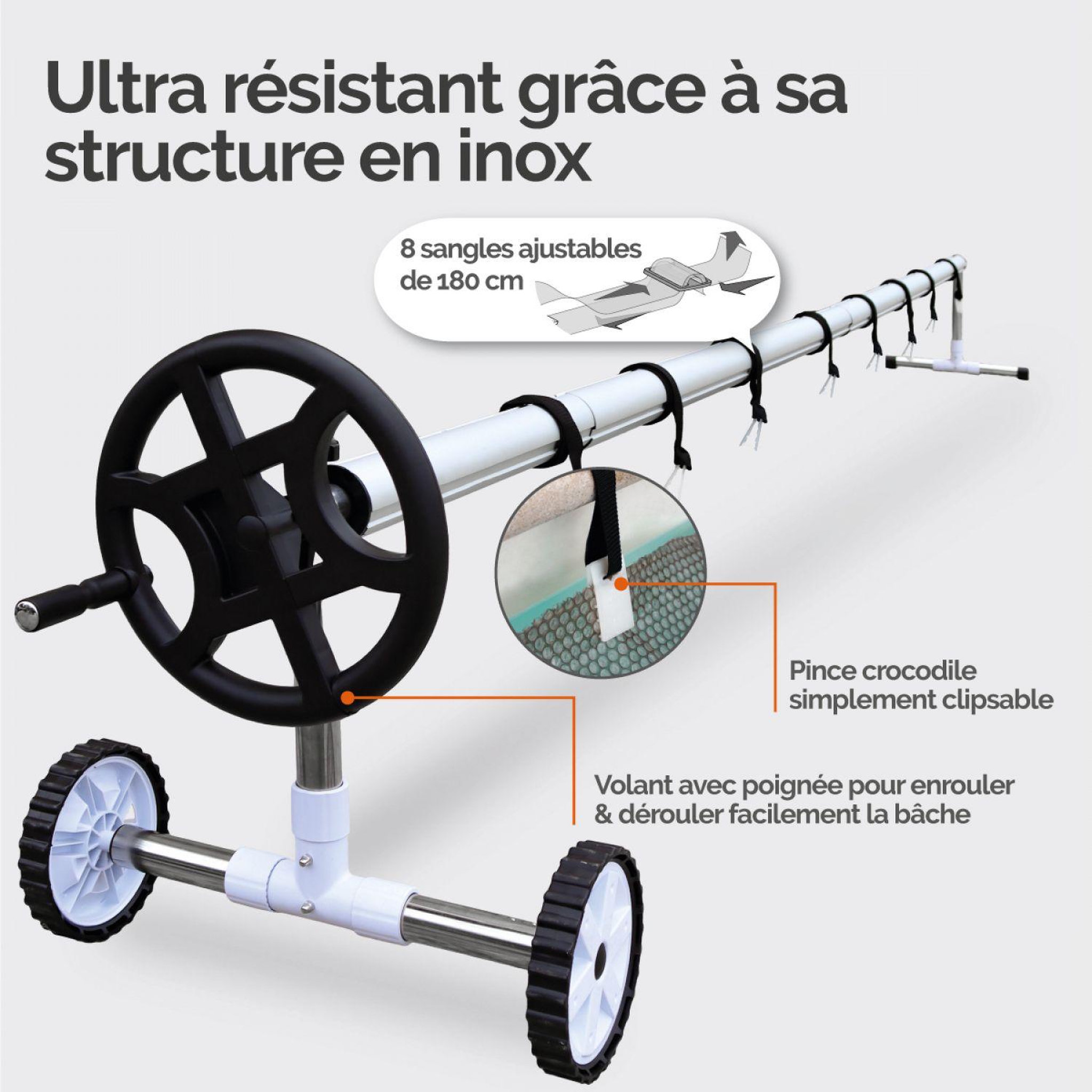 Voir la diapositive 3 : LINXOR Enrouleur de bâche à bulles pour piscine extensible de 1 m à 6 m + Système d'attache