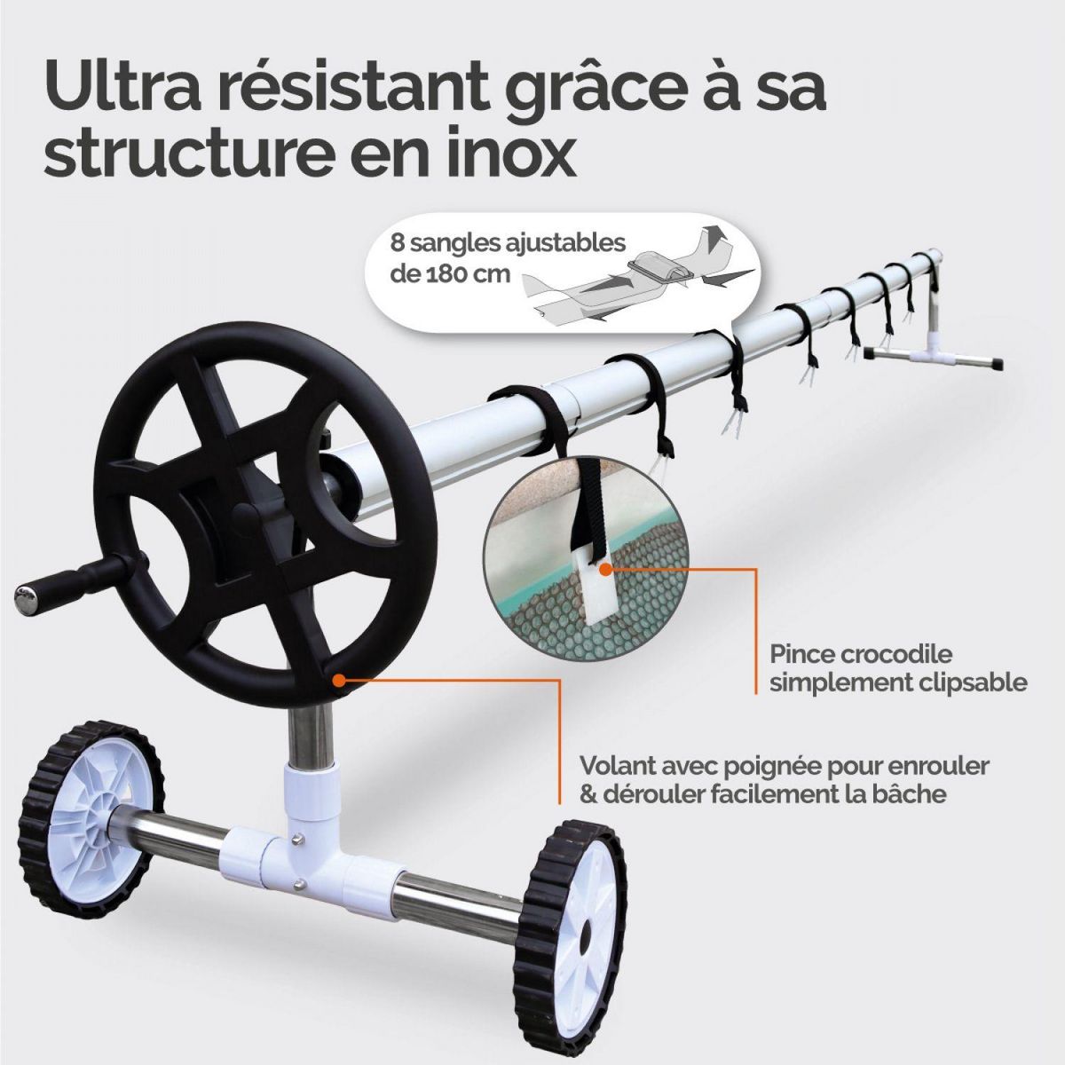 LINXOR Enrouleur de bâche à bulles pour piscine extensible de 1 m à 6 m + Système d'attache