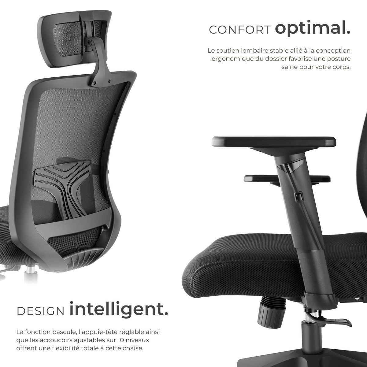 tectake Fauteuil de bureau forme ergonomique avec soutien lombaire et appuie-tête réglables noir