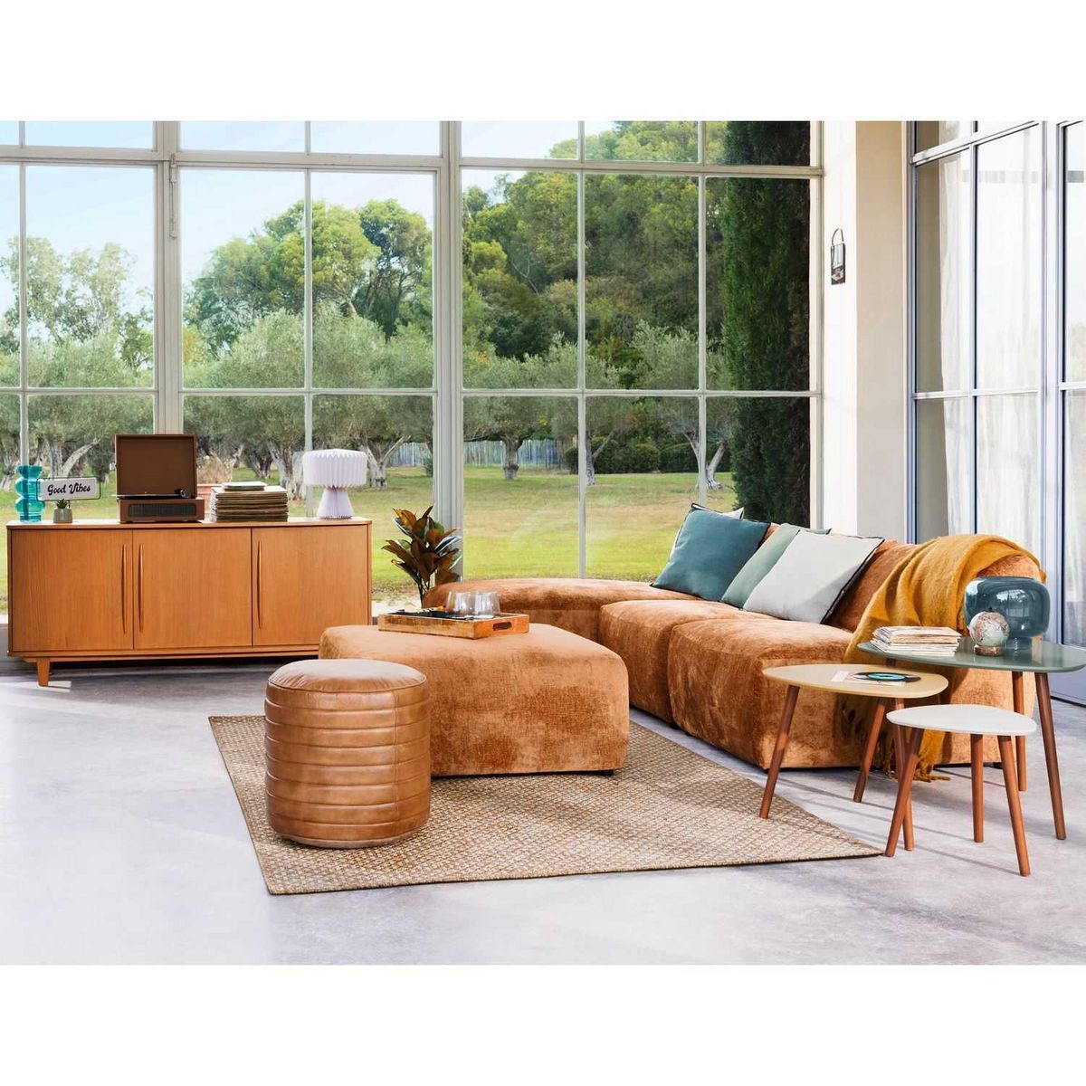 ATMOSPHERA Lot de 3 tables d'appoint design Mileo - Vert, ocre et blanc