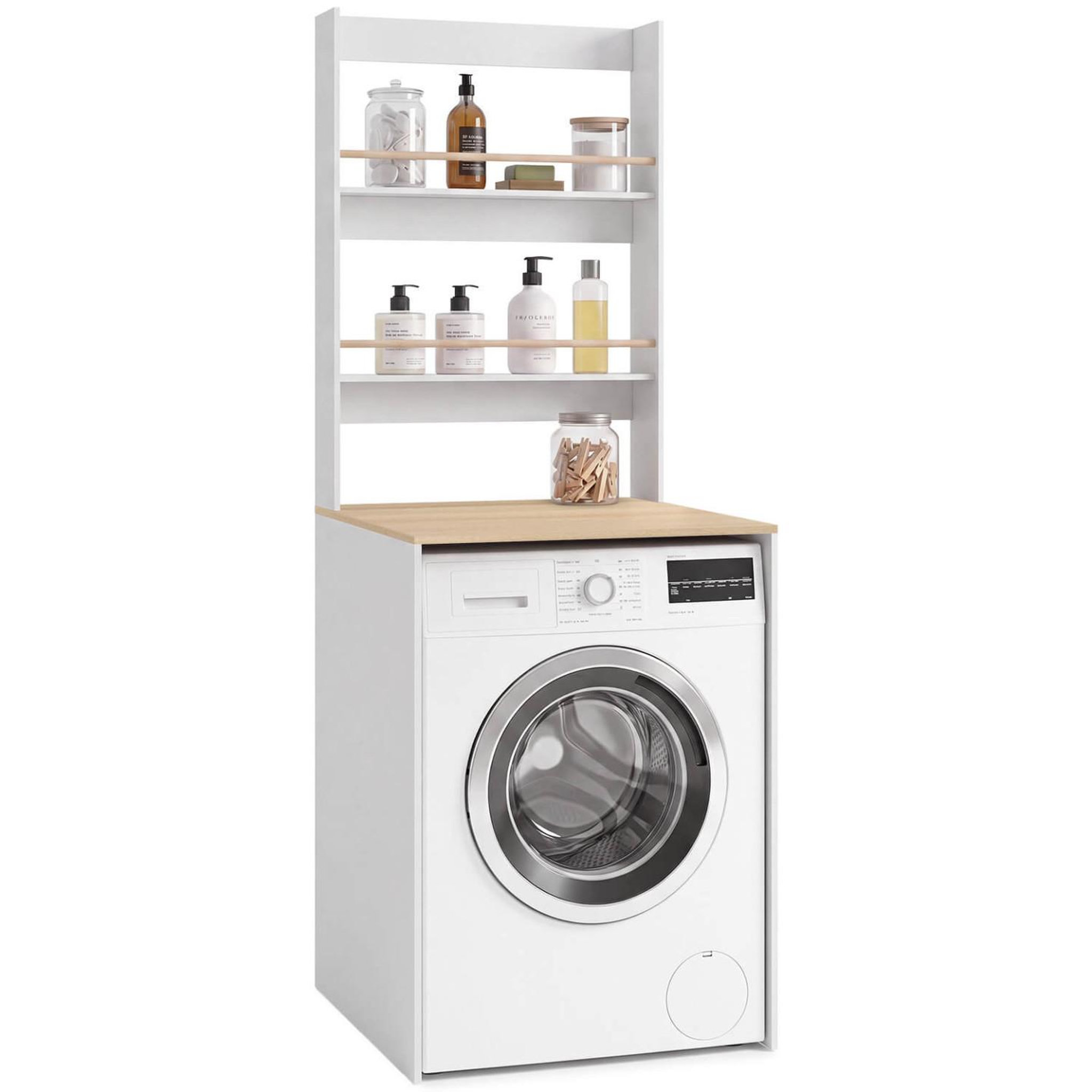 Voir la diapositive 4 : ID MARKET Table à langer évolutive AMBRE dessus machine à laver façon hêtre et blanc 2 étagères et plan à langer amovible
