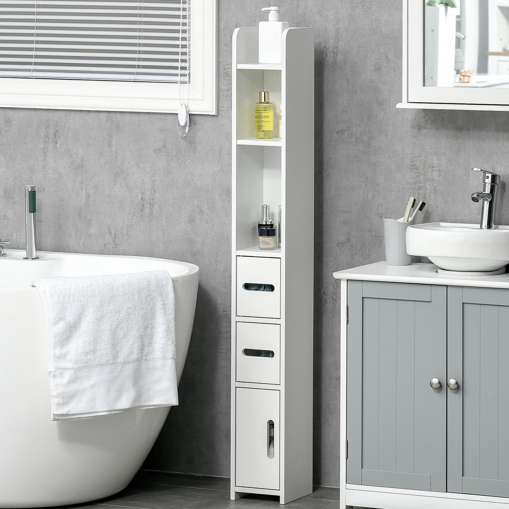 Voir la diapositive 2 : KLEANKIN Meuble bas colonne rangement salle de bain WC 3 portes 2 niches étagère blanc