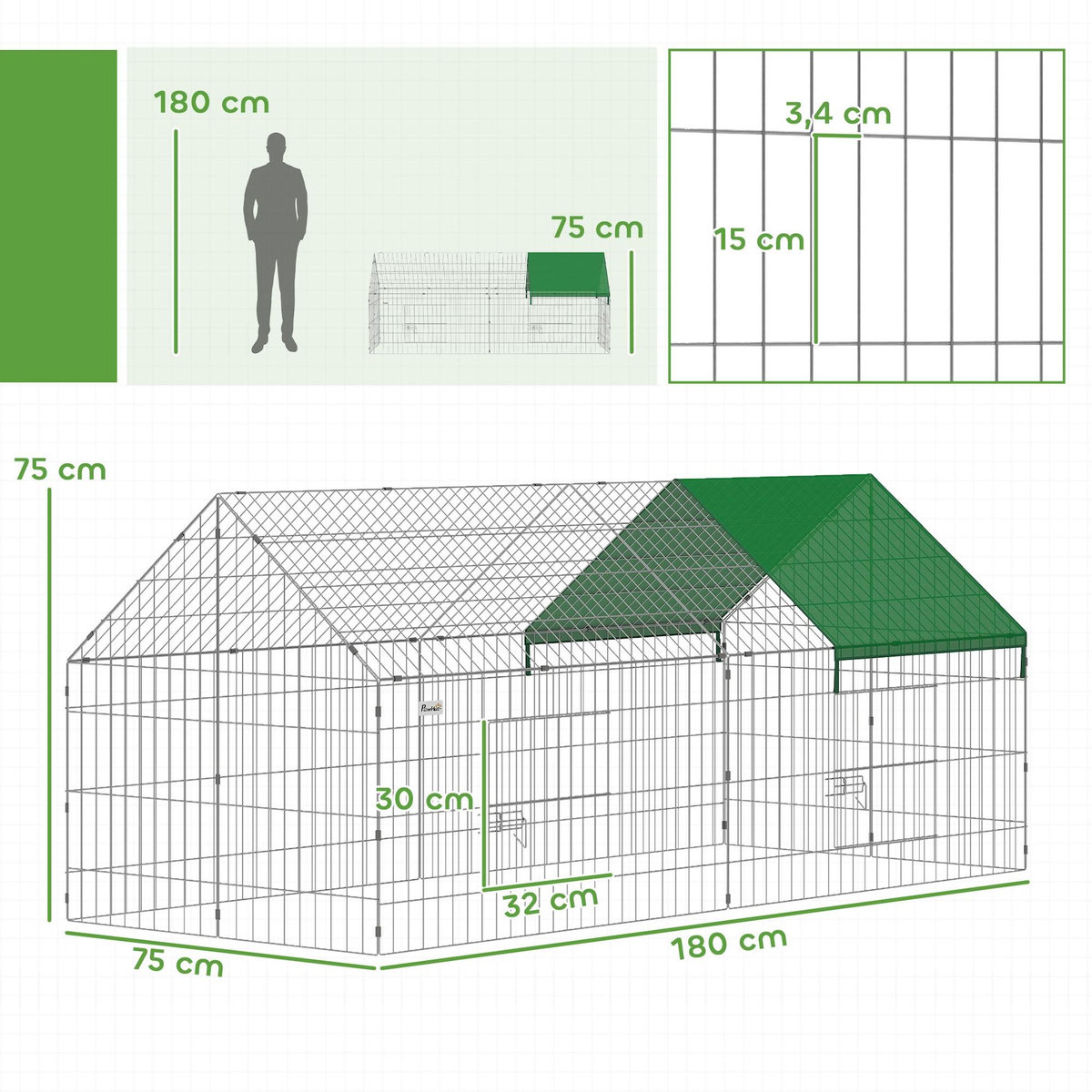 PAWHUT Parc enclos extérieur lapins portes verrouillables toit incliné acier vert