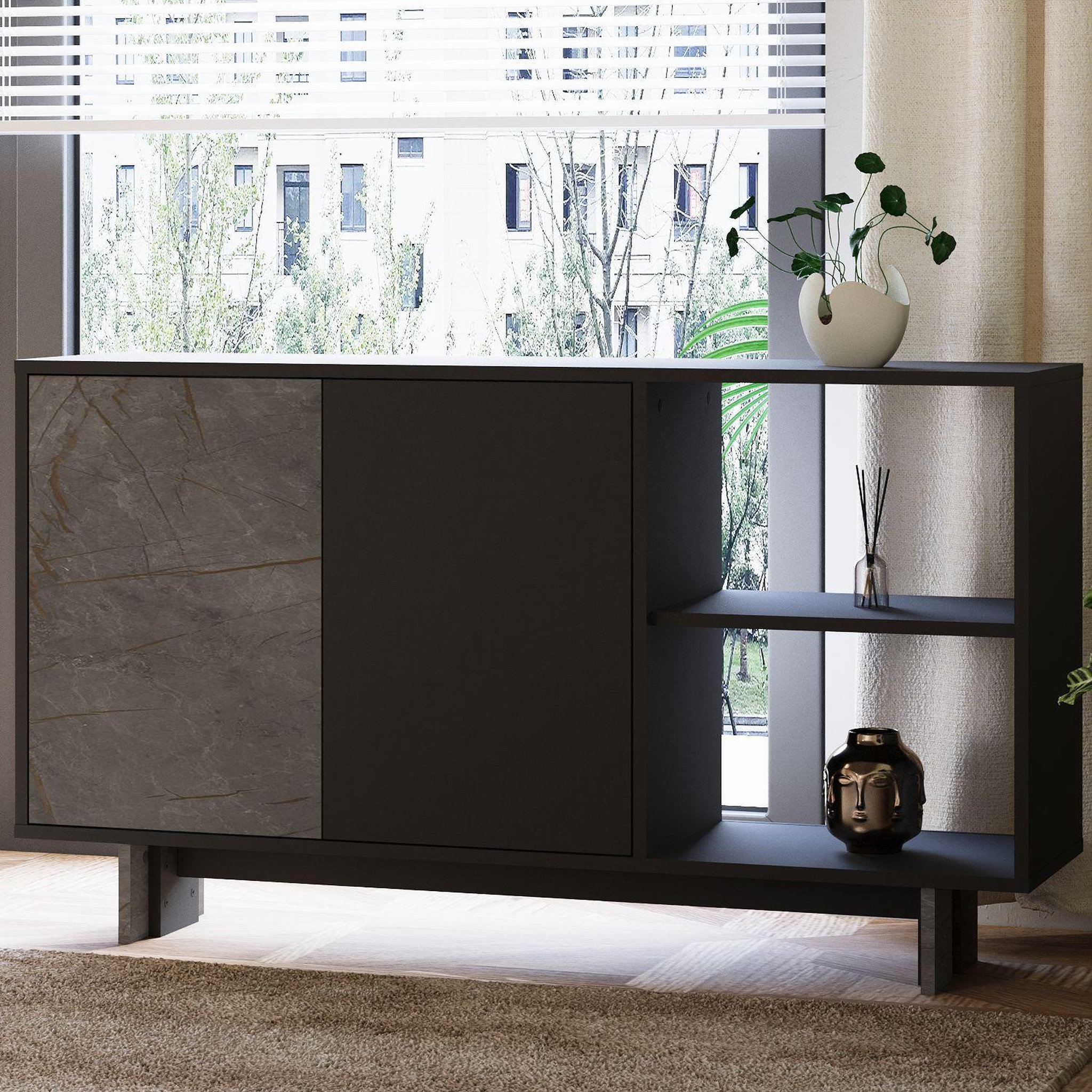 Voir la diapositive 3 : Habitat et Jardin Buffet en bois  ravello  - 140 x 35 x 80 cm - gris anthracite marbré