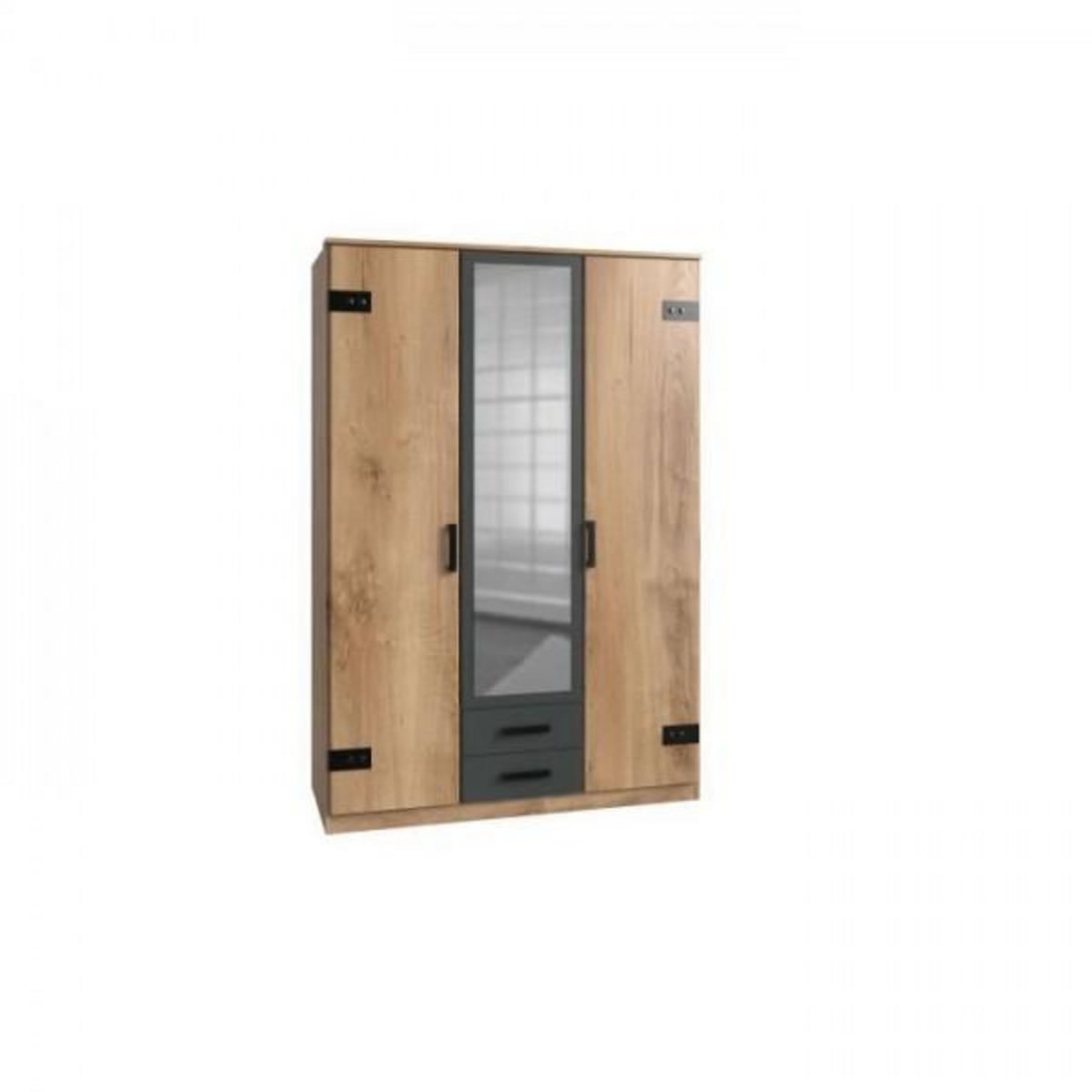 MARKET24 Armoire CORFOU - Décor Chene et gris anthracite + Miroir - 3 portes battantes - 2 tiroirs - L135 x P58 x H199 cm