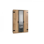MARKET24 Armoire CORFOU - Décor Chene et gris anthracite + Miroir - 3 portes battantes - 2 tiroirs - L135 x P58 x H199 cm
