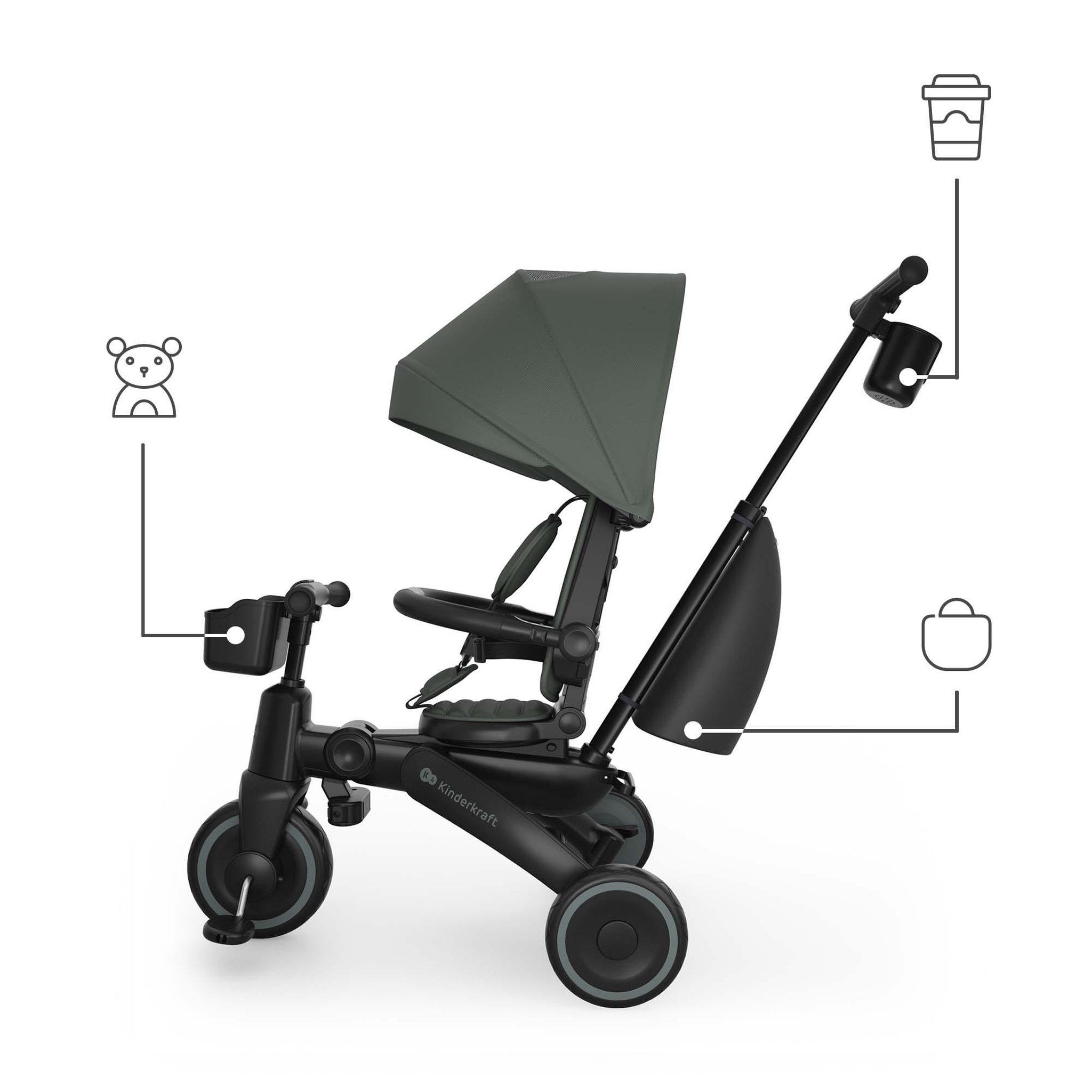 Voir la diapositive 5 : KINDERKRAFT Tricycle Kinderkraft JAZZ 3 pliant 6-en-1, siège pivotant, position semi-allongée, mode draisienne, capote UPF50+, Vert