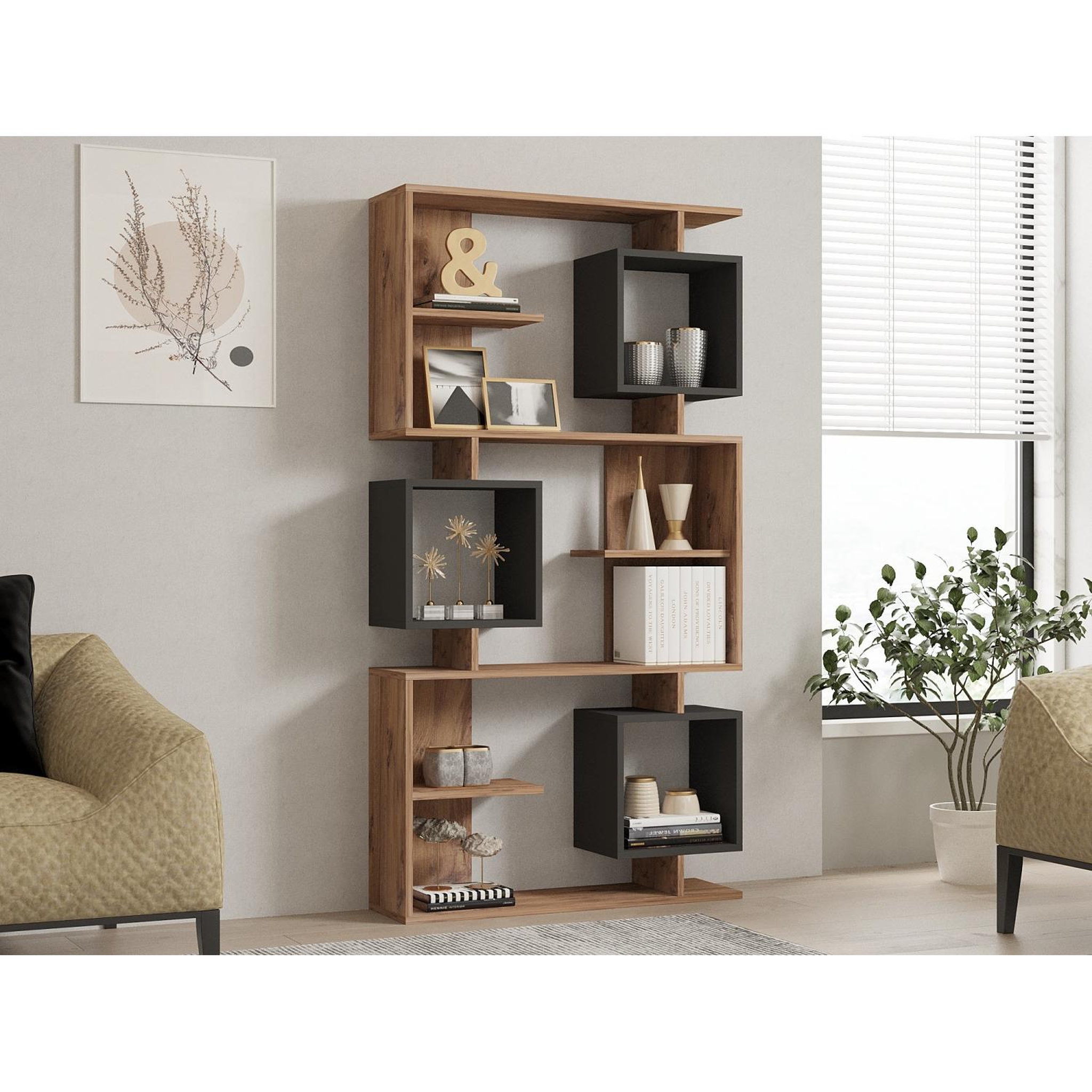 Voir la diapositive 2 : CONCEPT USINE Bibliothèque design asymétrique 172cm effet bois et gris anthracite NALY