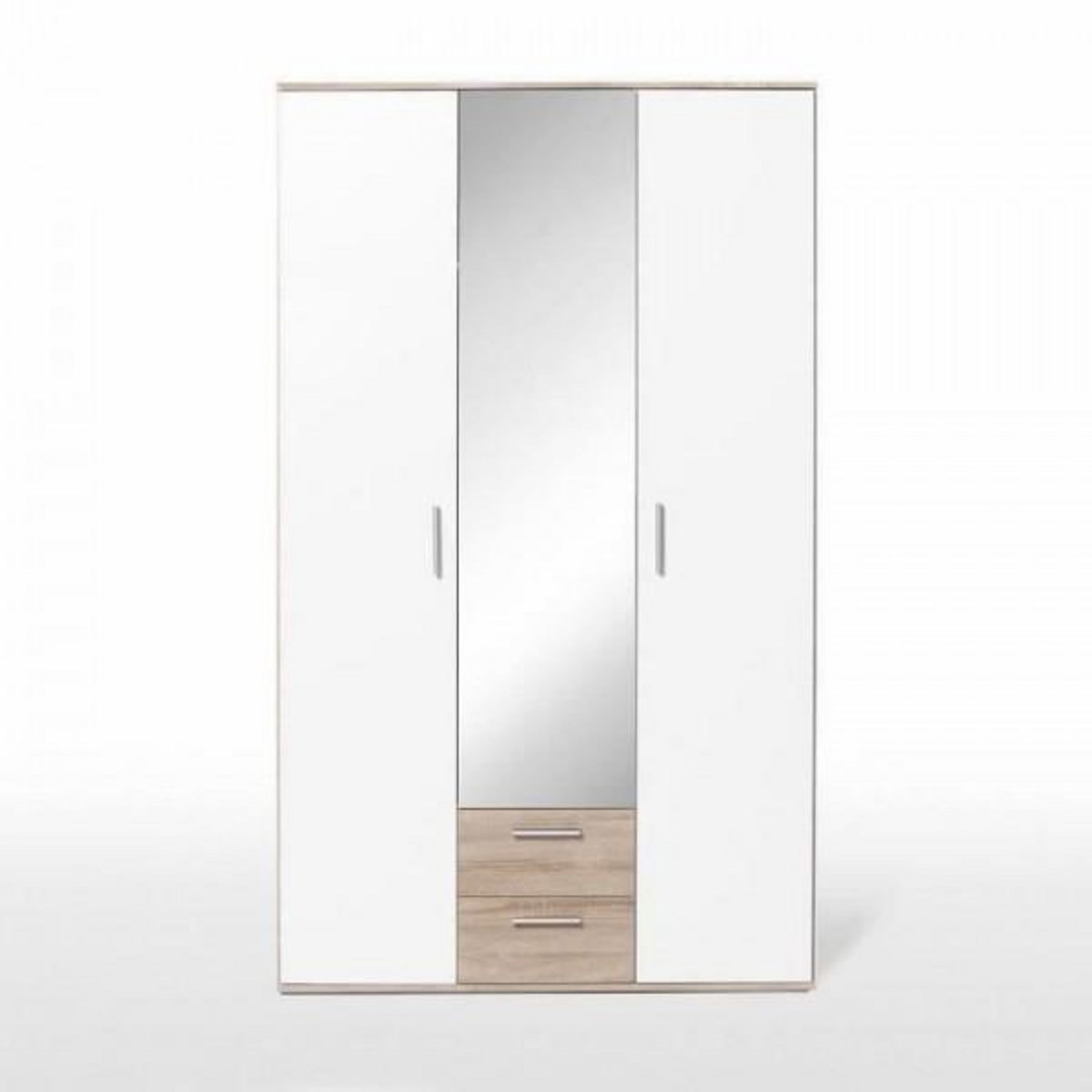 MARKET24 Armoire battante - Panneaux de particules - Blanc et chene - 3 portes et 2 tiroirs + miroir - L 121 x P 54 x H 200,1 cm - SELKEA