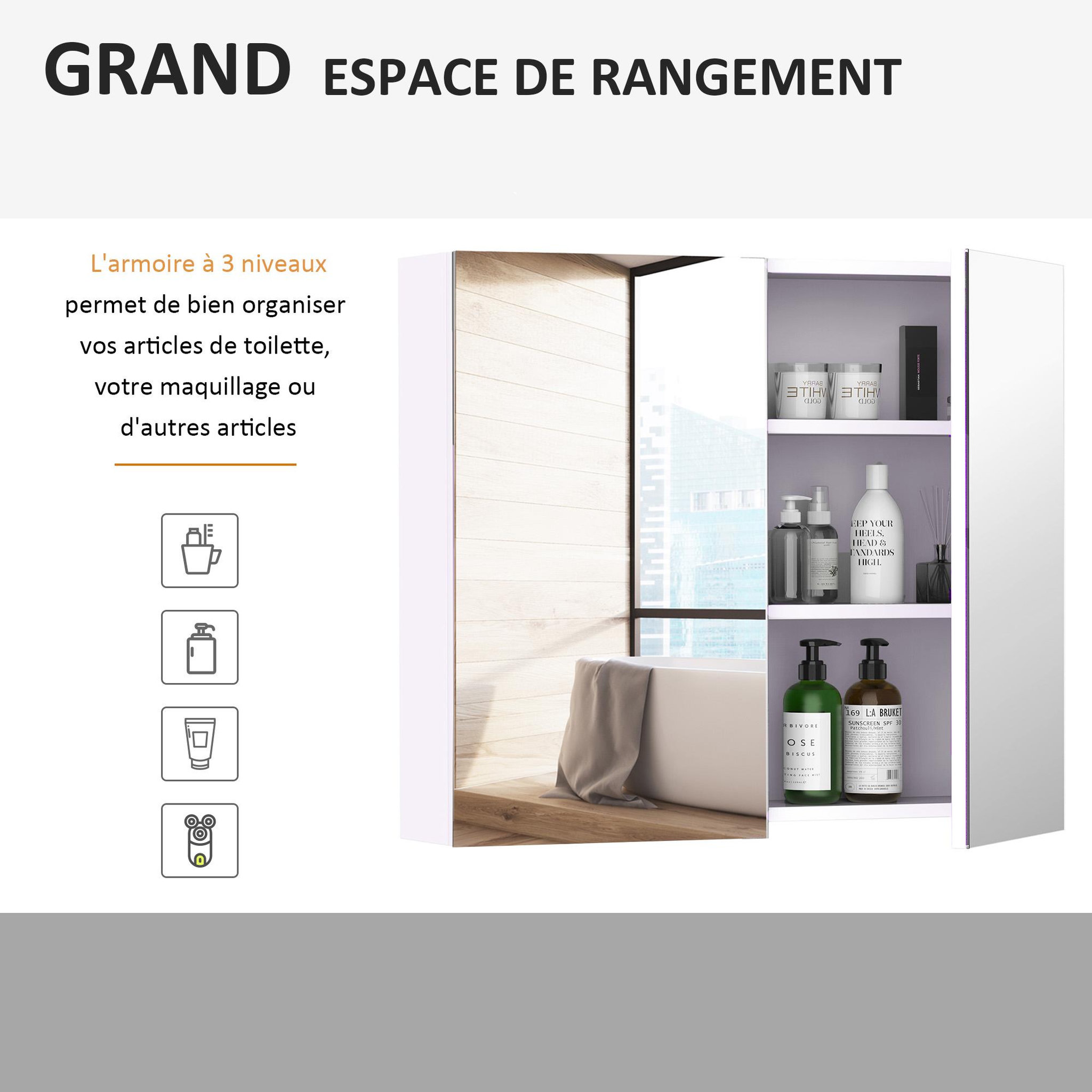 Voir la diapositive 4 : HOMCOM Armoire miroir murale de salle de bain 3 étagères réglables dim. 70l x 60h cm blanc