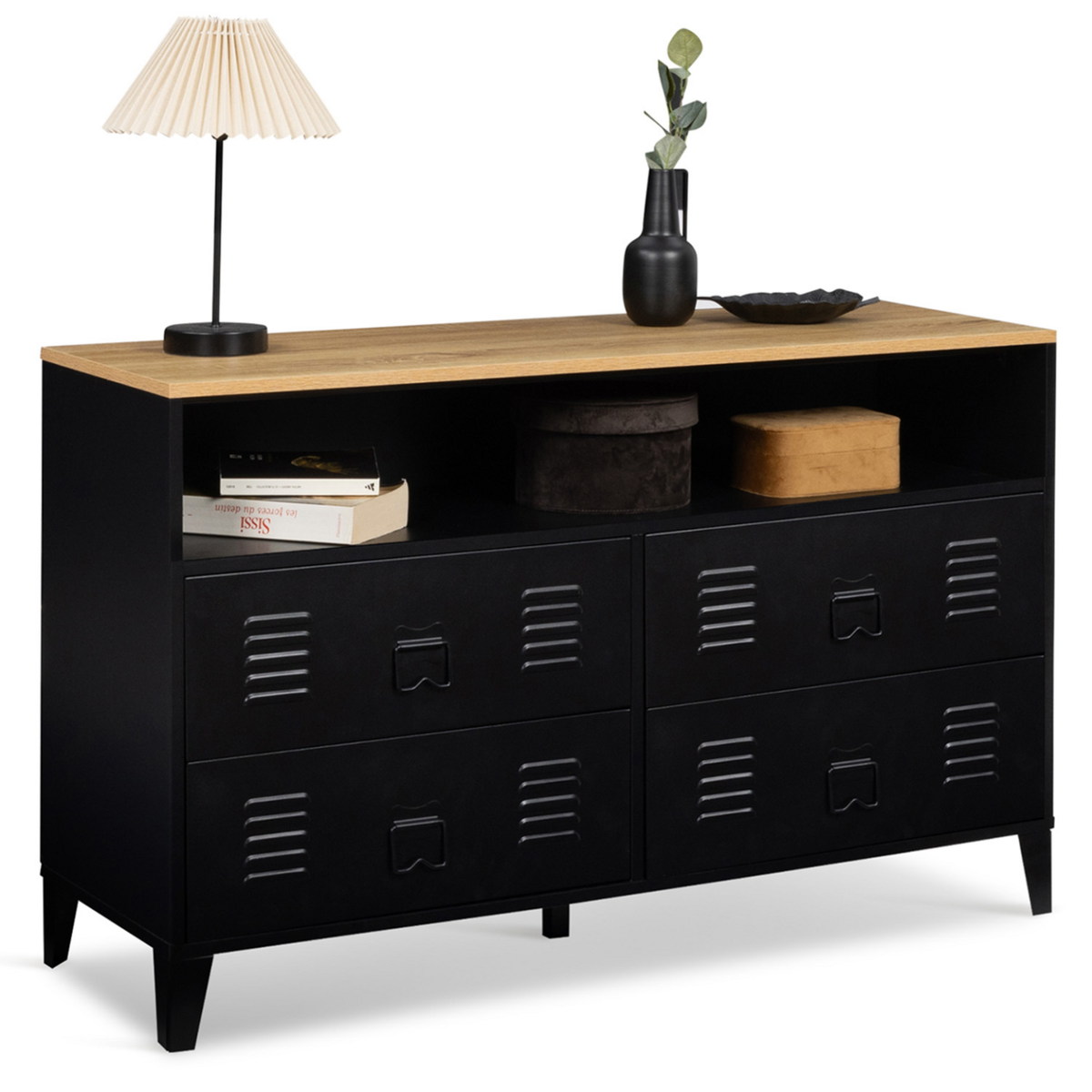 ID MARKET Commode 4 tiroirs ESTER 115 cm métal noir et plateau façon hêtre avec niche design industriel