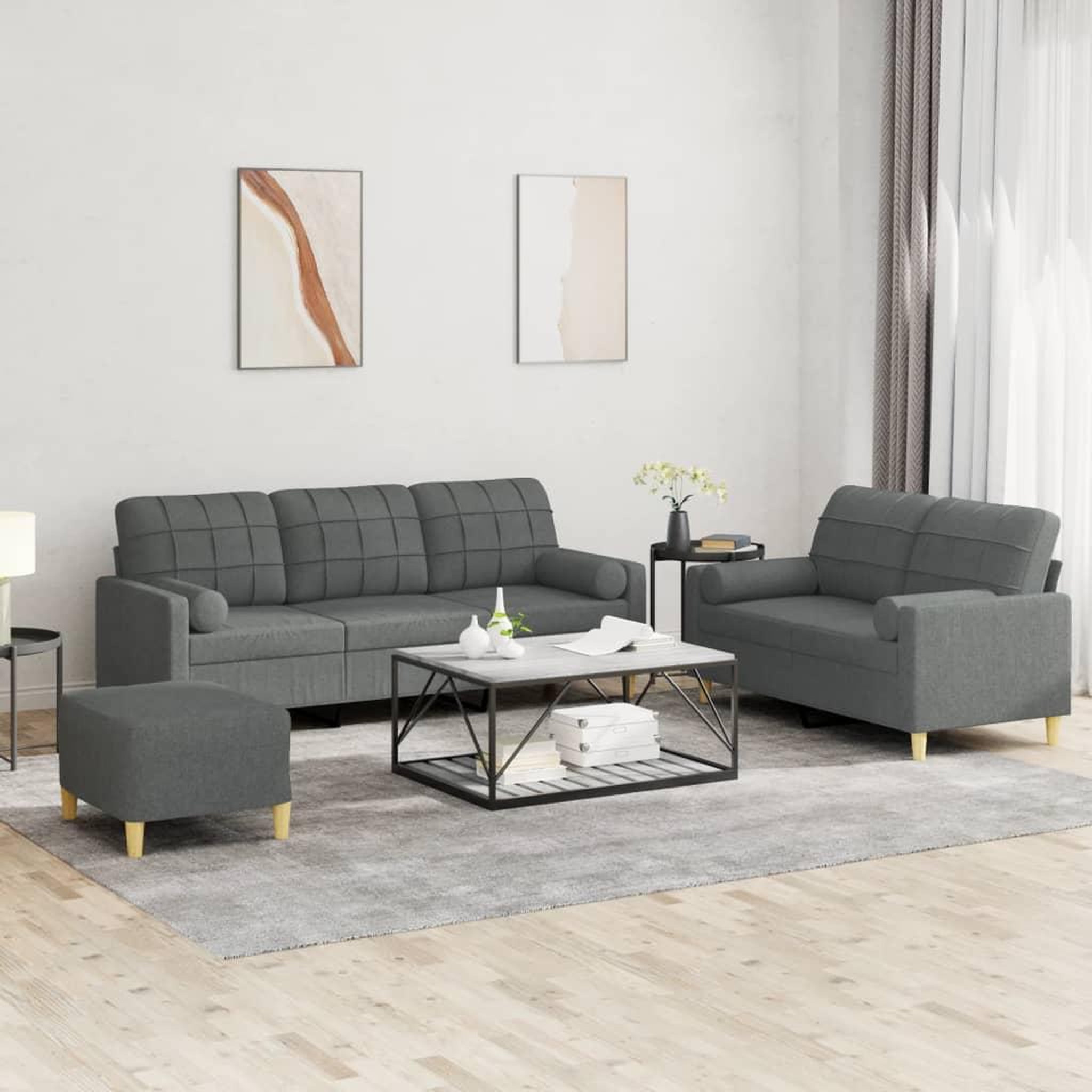 VIDAXL Ensemble de canapes 3 pcs coussins gris fonce tissu