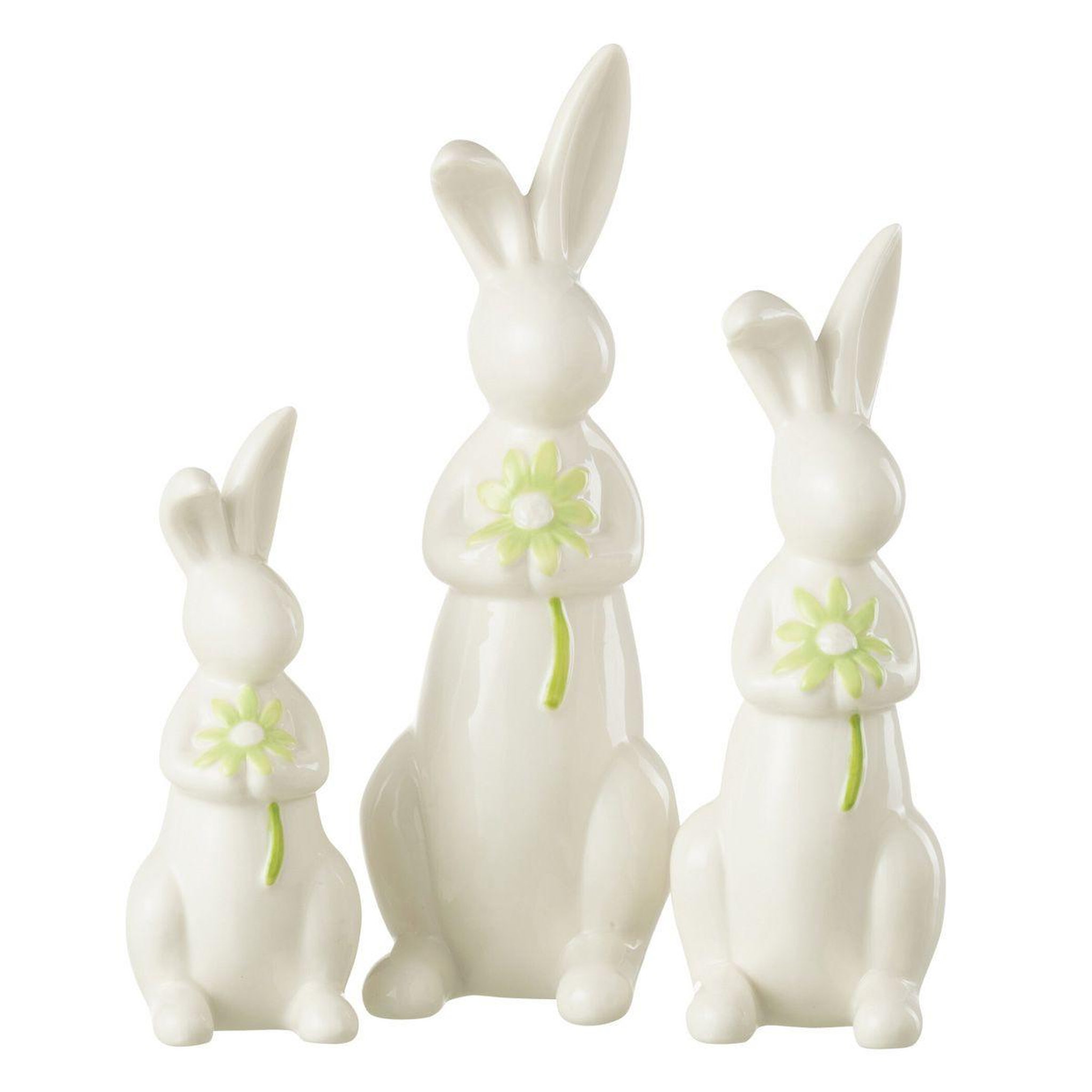 Voir la diapositive 1 : J-LINE Lot de 3 statuettes lapins  fleurs  23cm blanc & vert