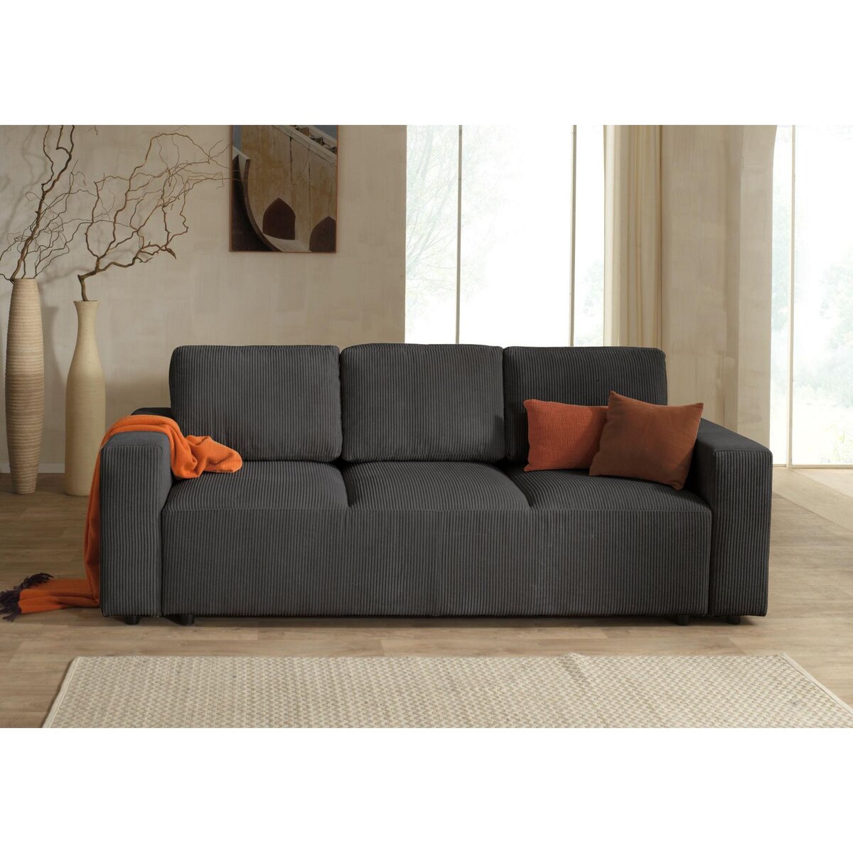 LISA DESIGN Livy - canapé droit convertible - avec coffre - en velours côtelé - 3 places