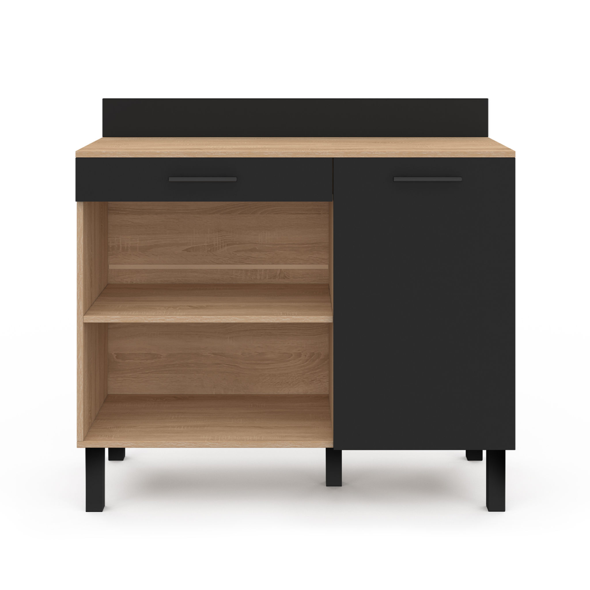 Voir la diapositive 3 : ID MARKET Buffet bas de cuisine 100 cm cina plan de travail h.83 cm 1 porte + 1 tiroir façon hêtre et noir