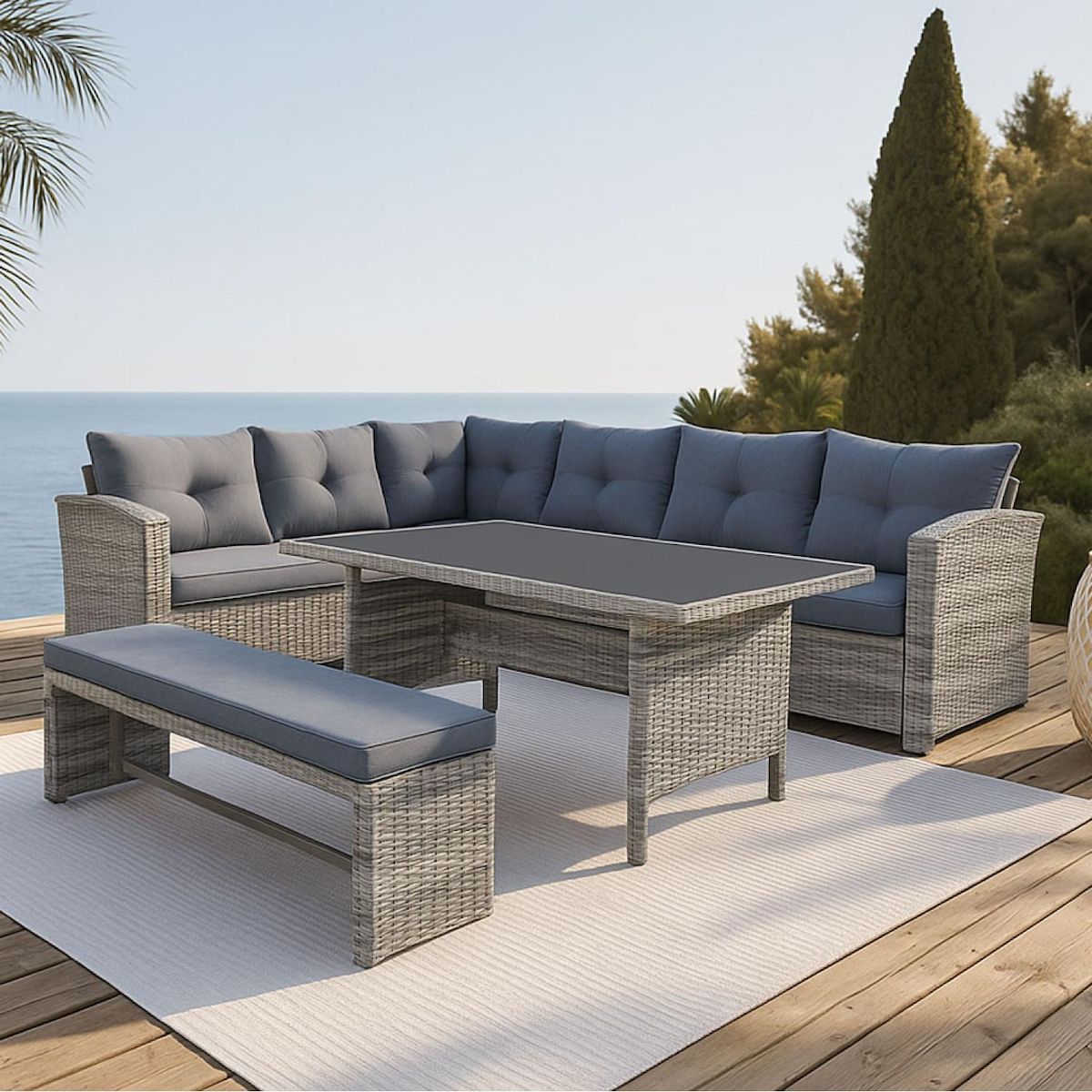 CONCEPT USINE Salon de jardin 8 places avec canapé d'angle en résine tressée grise MOOREA