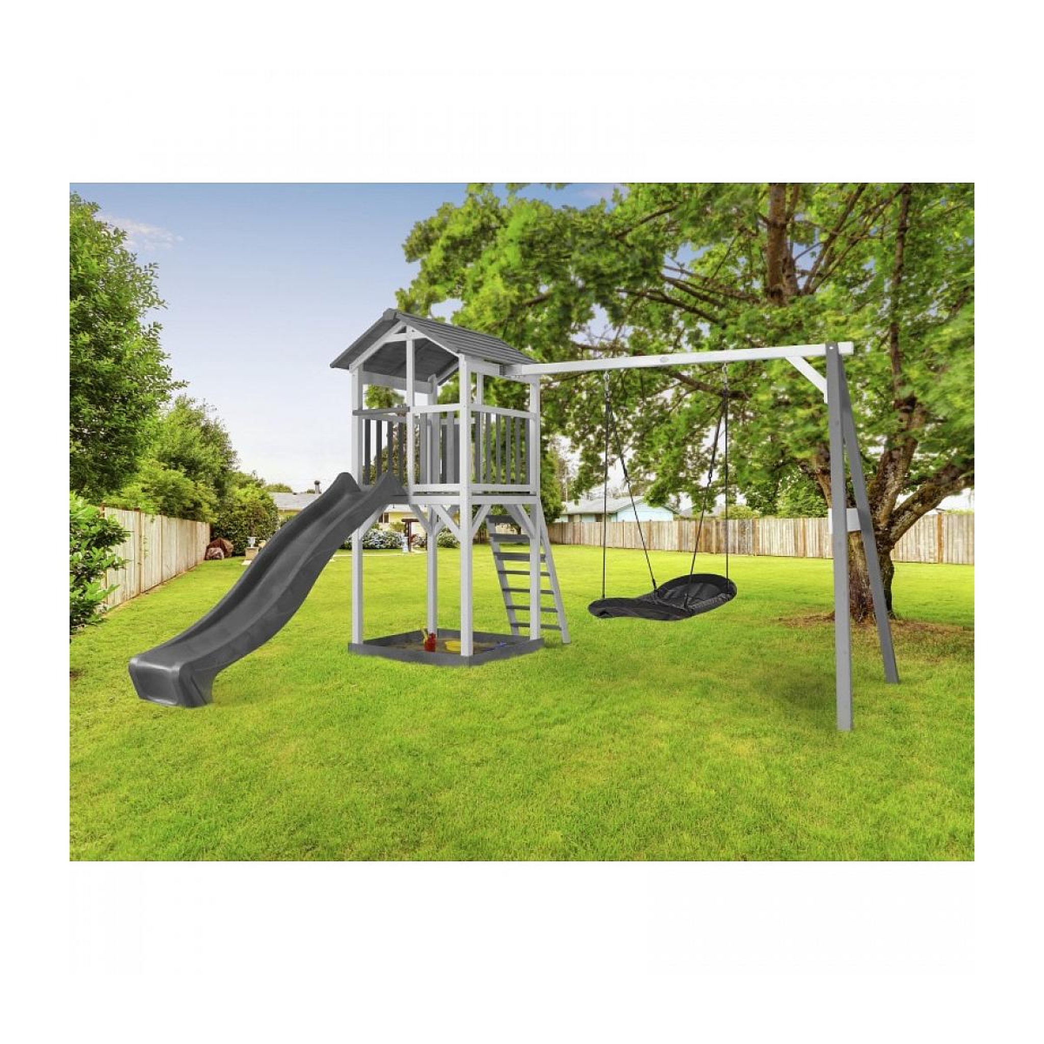 Voir la diapositive 2 : Axi House AXI Structure de jeu Beach Tower Blanc Gris  avec 1 balancoire nid ovale Roxy et toboggan Gris