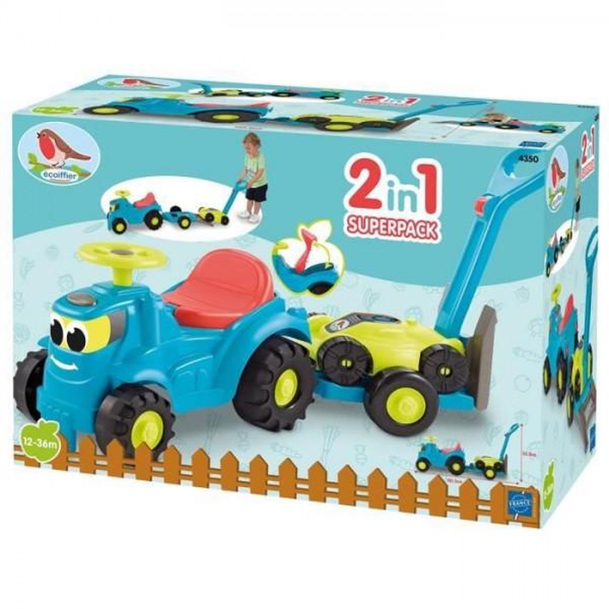 Voir la diapositive 2 : Ecoiffier Porteur Trotteur  Tracteur remorque + tondeuse 103,5 cm - ECOIFFIER - Pour bébé - Multicolore - Origine France Garantie