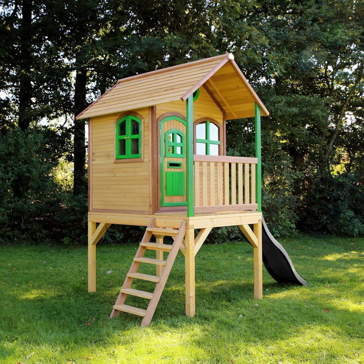 Axi House Maisonnette Laura marron-vert toboggan gris