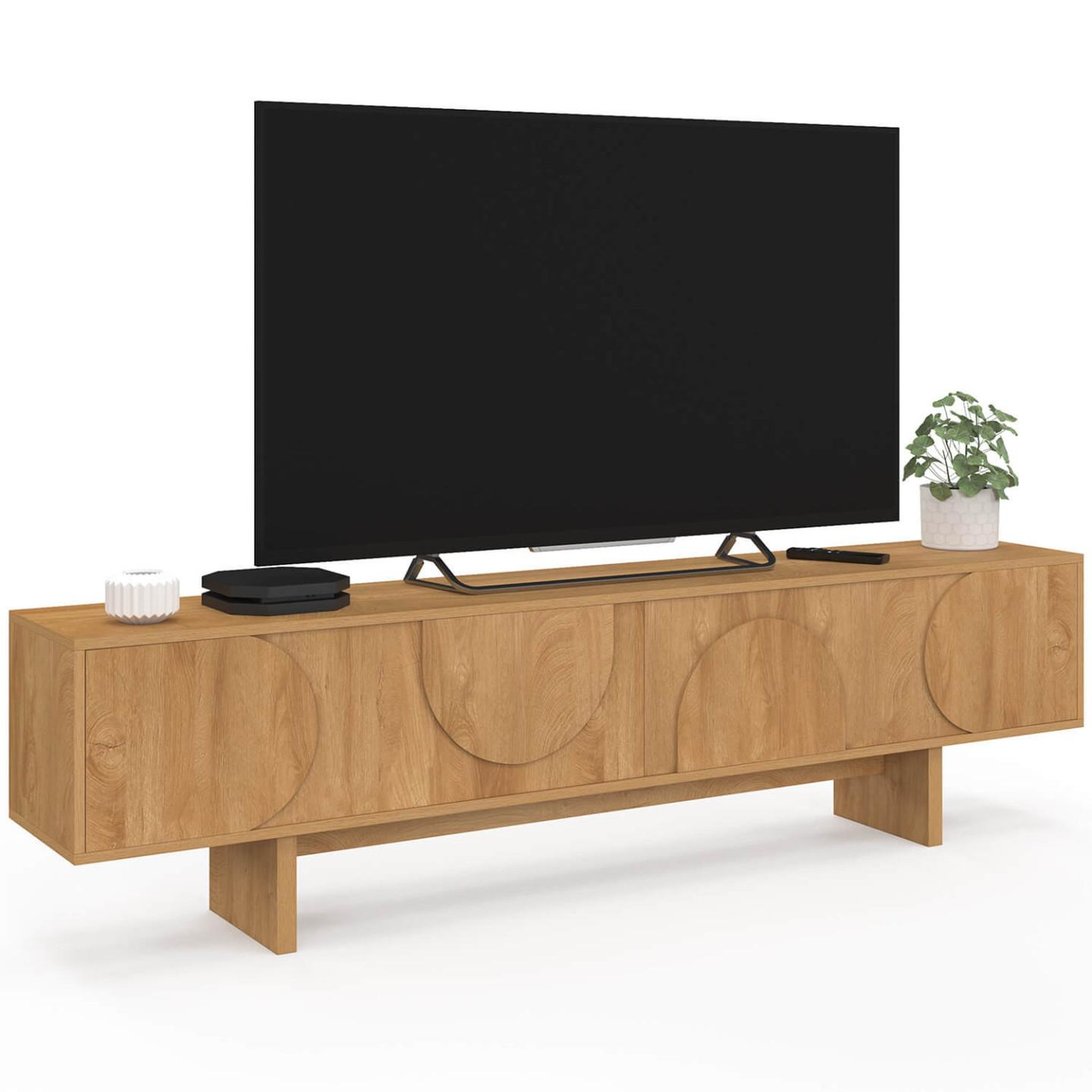 ID MARKET Meuble TV 180 cm ARVIN 2 portes avec reliefs arrondis bois clair