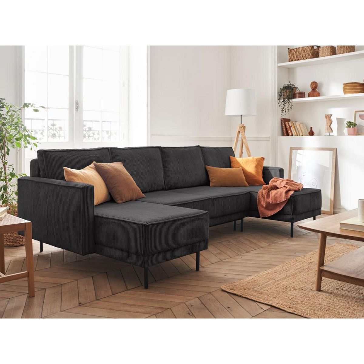 LISA DESIGN Charlie - canapé panoramique en u - 7 places - convertible avec coffre - en velours côtelé