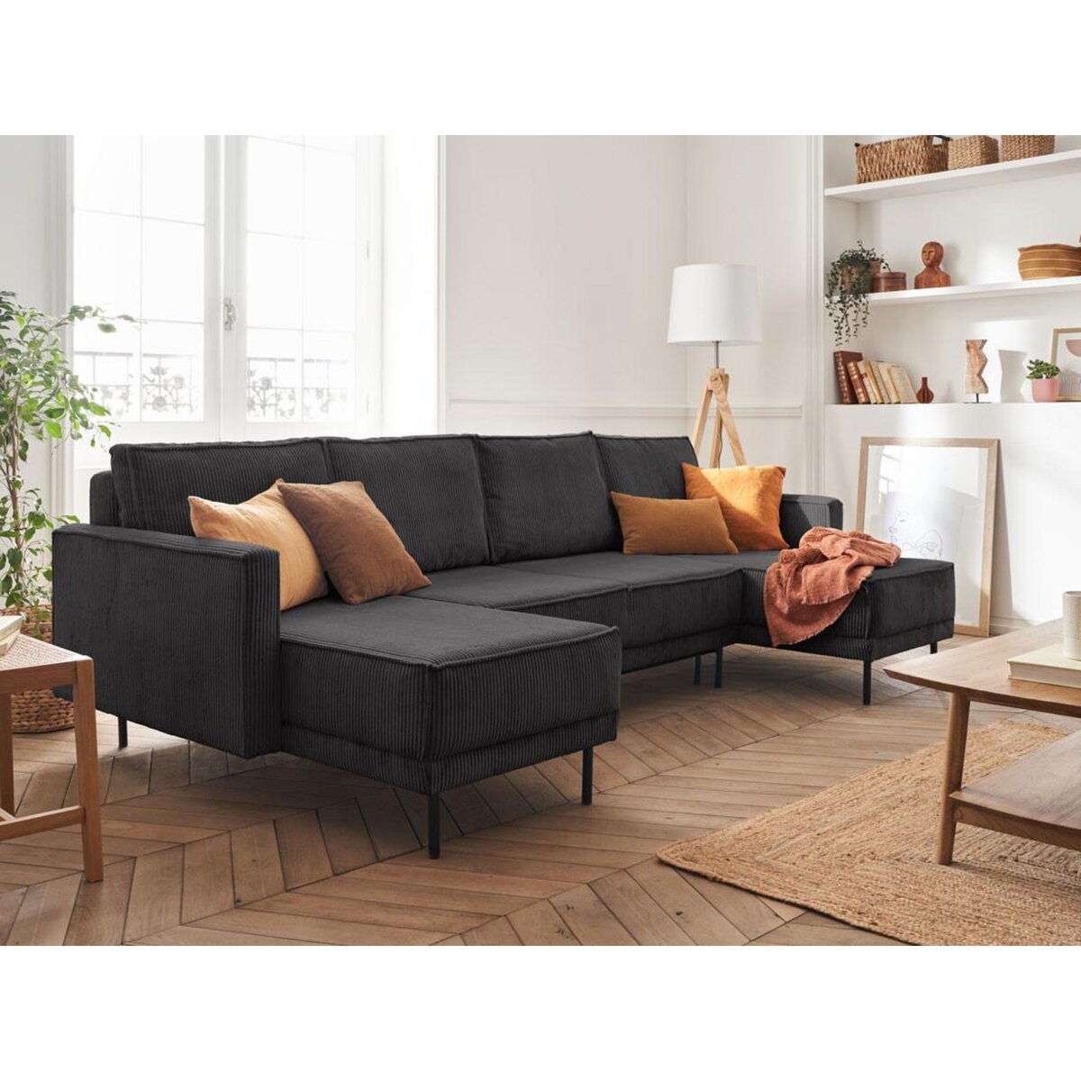 LISA DESIGN Charlie - canapé panoramique en u - 7 places - convertible avec coffre - en velours côtelé