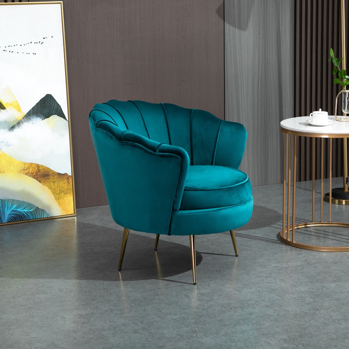 HOMCOM Fauteuil coquillage fauteuil design dim. 79L x 77l x 77H cm pieds dorés effilés velours bleu canard