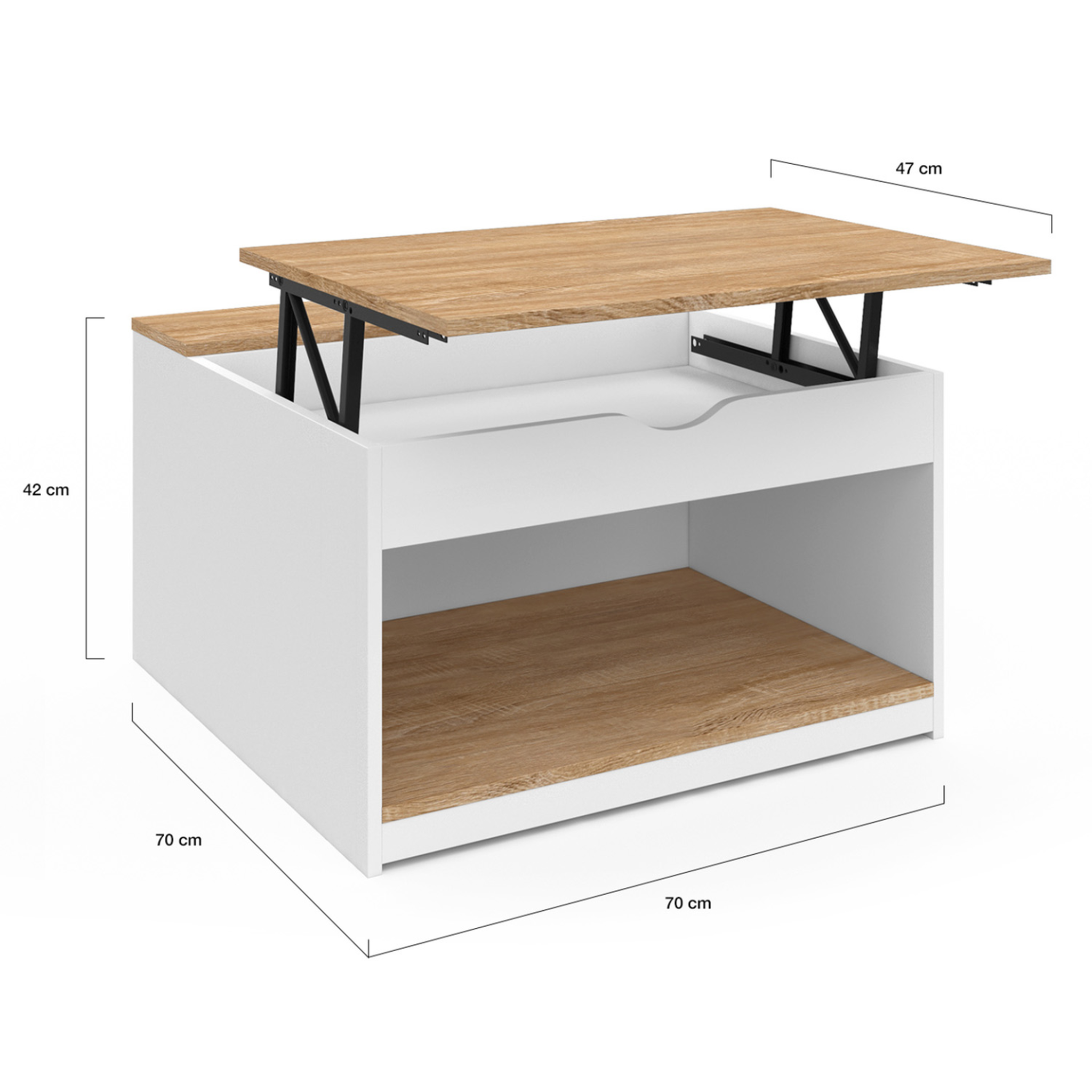 Voir la diapositive 6 : ID MARKET Table basse plateau relevable carrée elea avec coffre bois blanc et façon hêtre