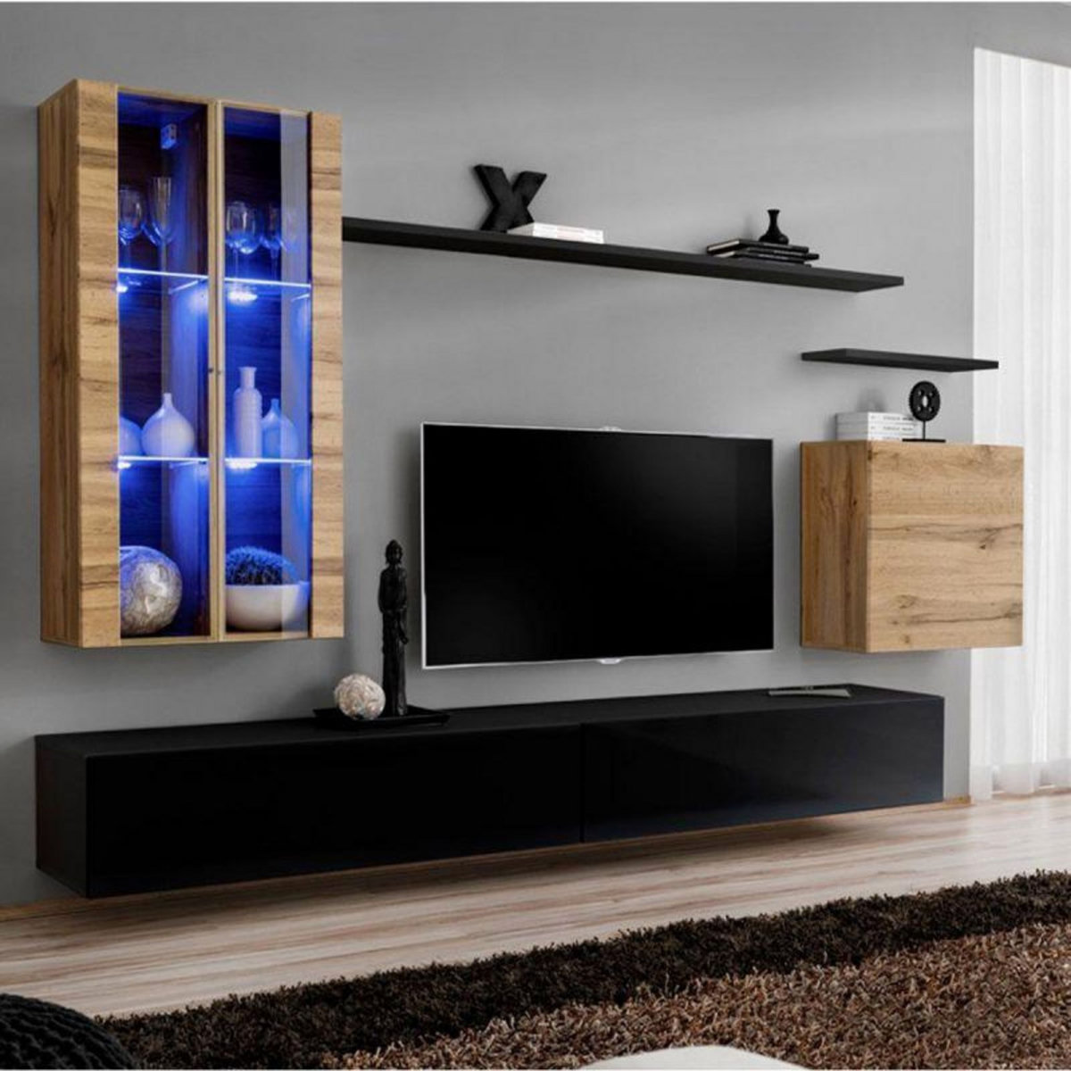 Paris Prix Meuble TV Mural Design  Switch XII  270cm Naturel & Noir