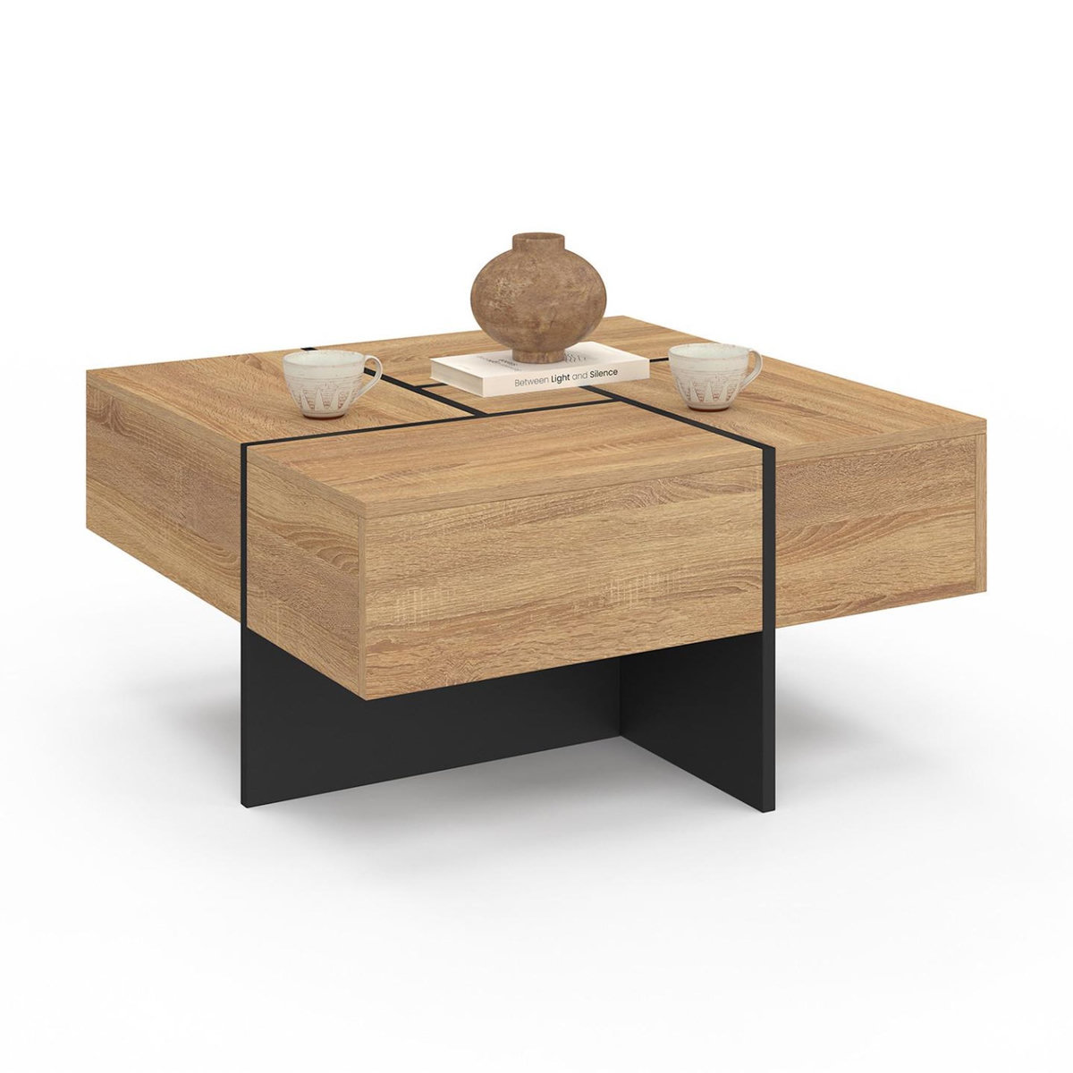 ID MARKET Table basse carrée TALIA 70 cm avec tiroirs bois et noir