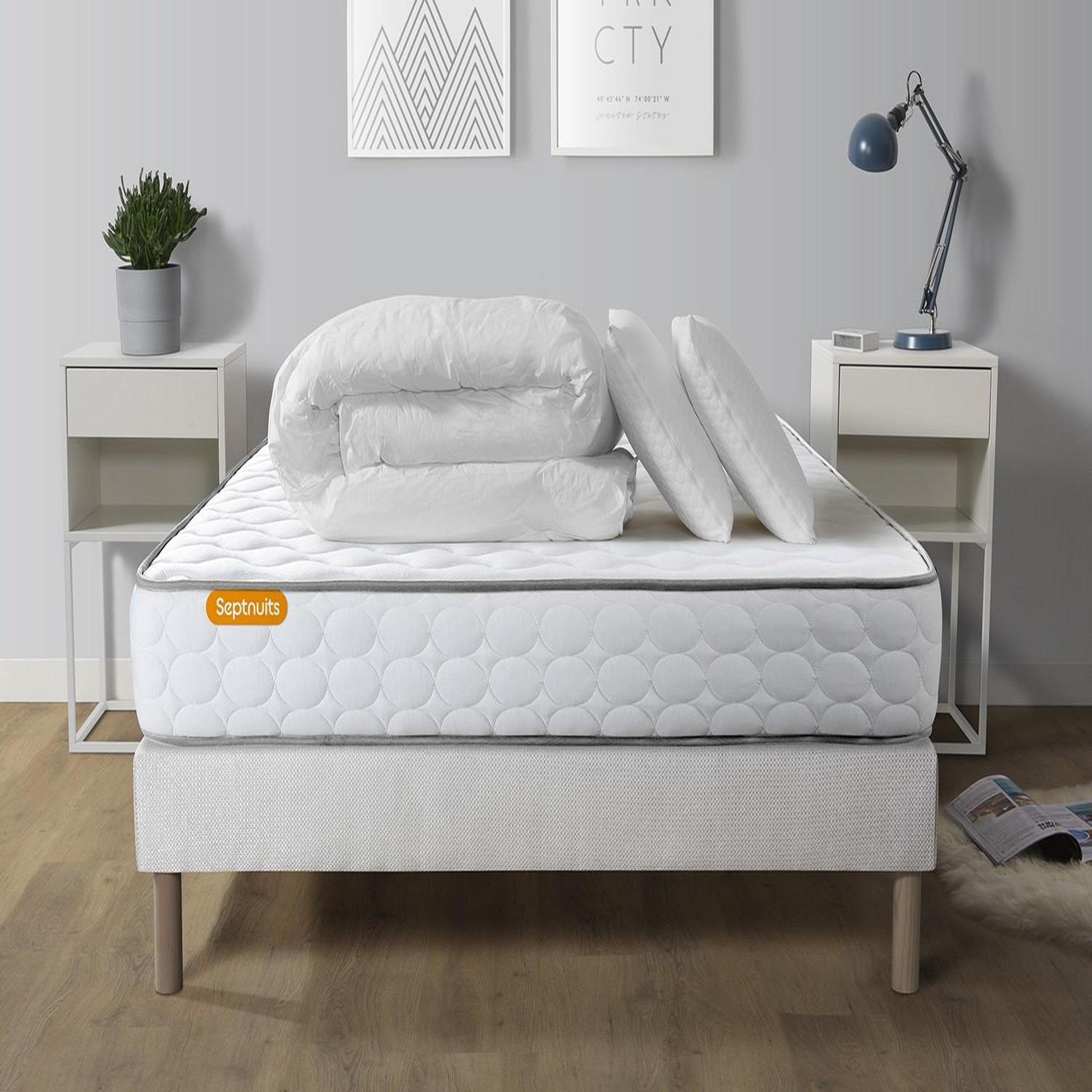 SEPTNUITS Pack matelas Memo + sommier + 2 oreillers mémoire de forme. Coloris disponibles : Blanc