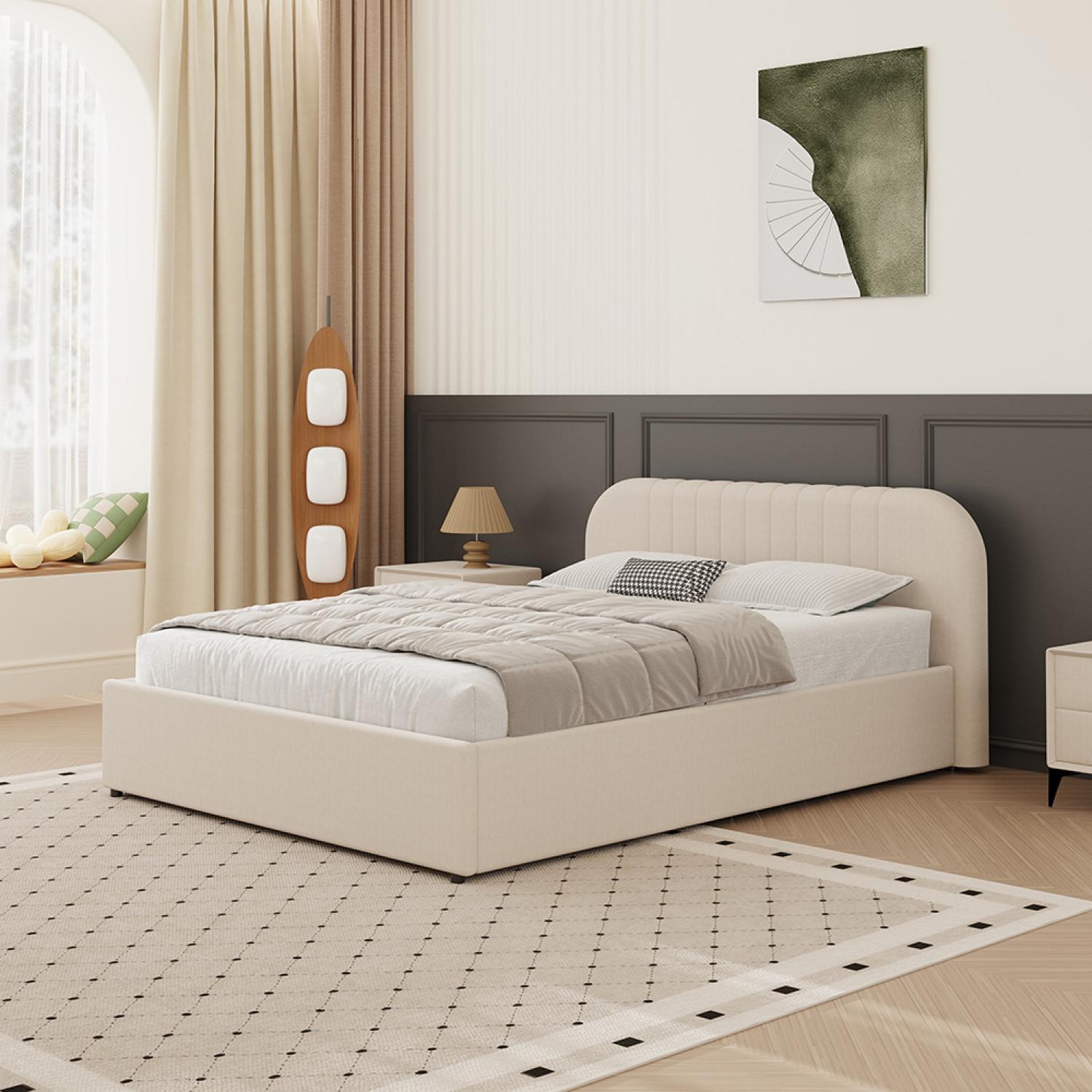 Voir la diapositive 2 : CONCEPT USINE Lit avec coffre de rangement 140x190cm en velours beige irvine