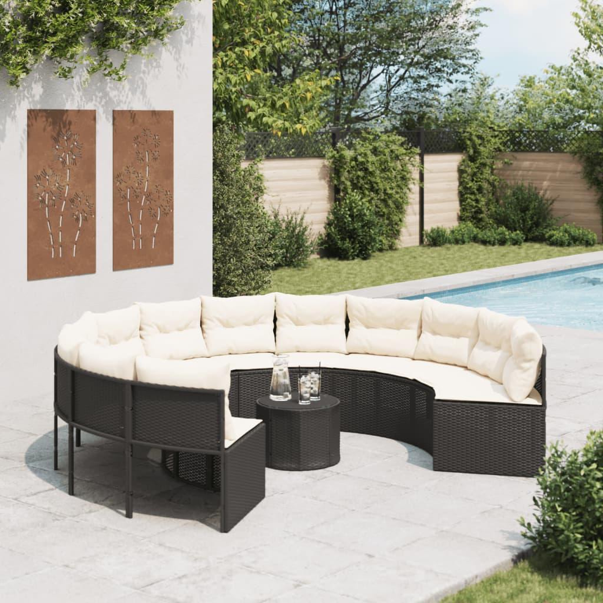VIDAXL Canape de jardin avec table coussins rond noir resine tressee
