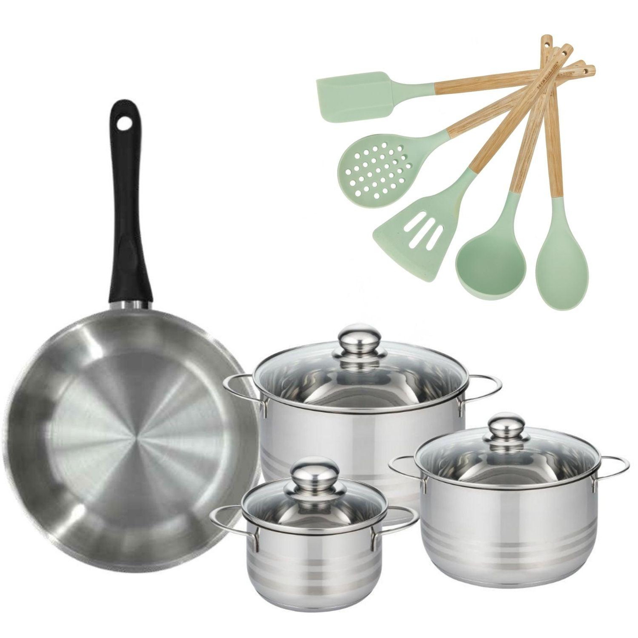 Fackelmann Batterie de cuisine avec 3 faitouts 16/20/24 cm et 1 poêle 28 cm avec 5 ustensiles de cuisine fackelmann généva brillant ocean