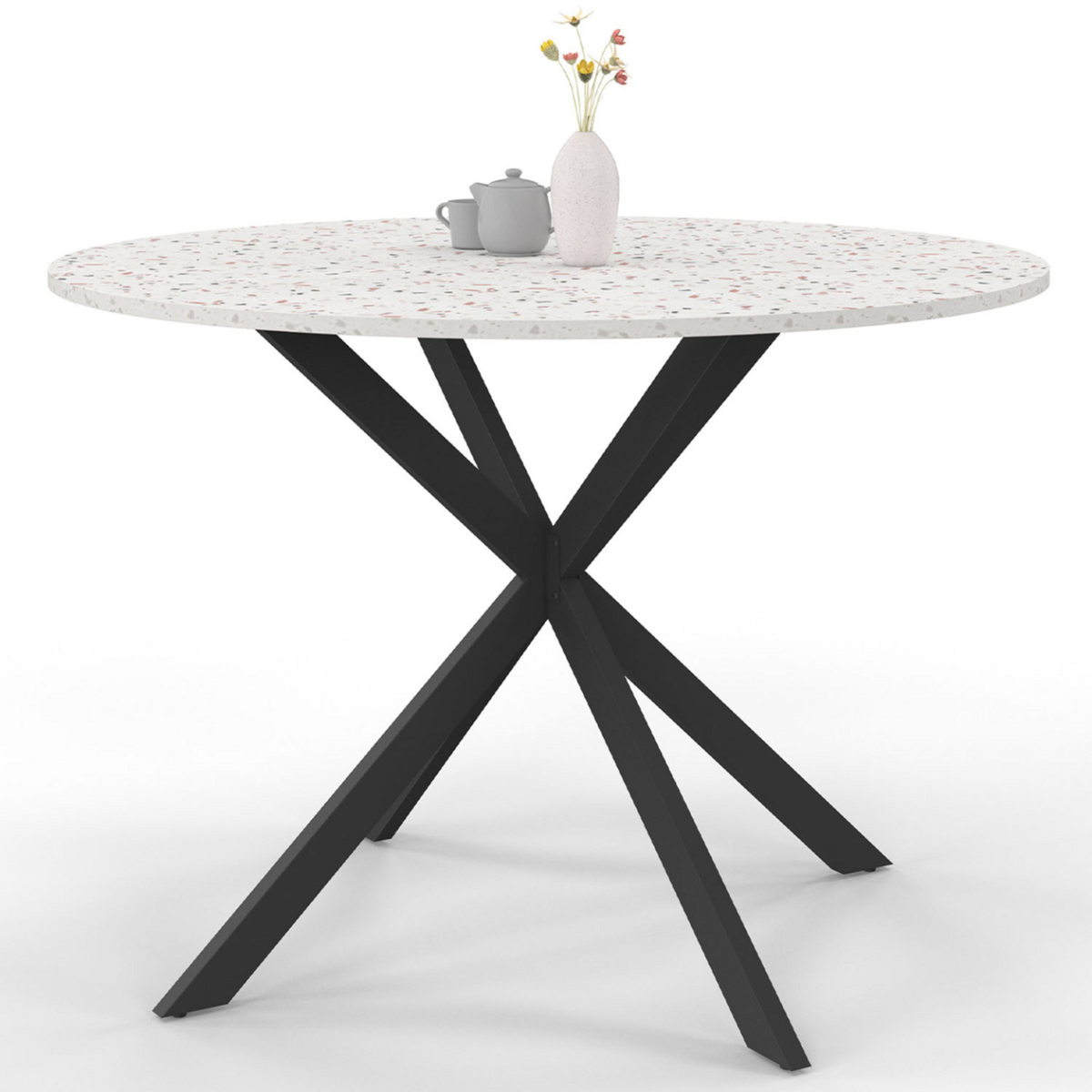 ID MARKET Table à manger ronde ALIX 6 personnes pied araignée noir plateau effet terrazzo SIMONE  110 cm