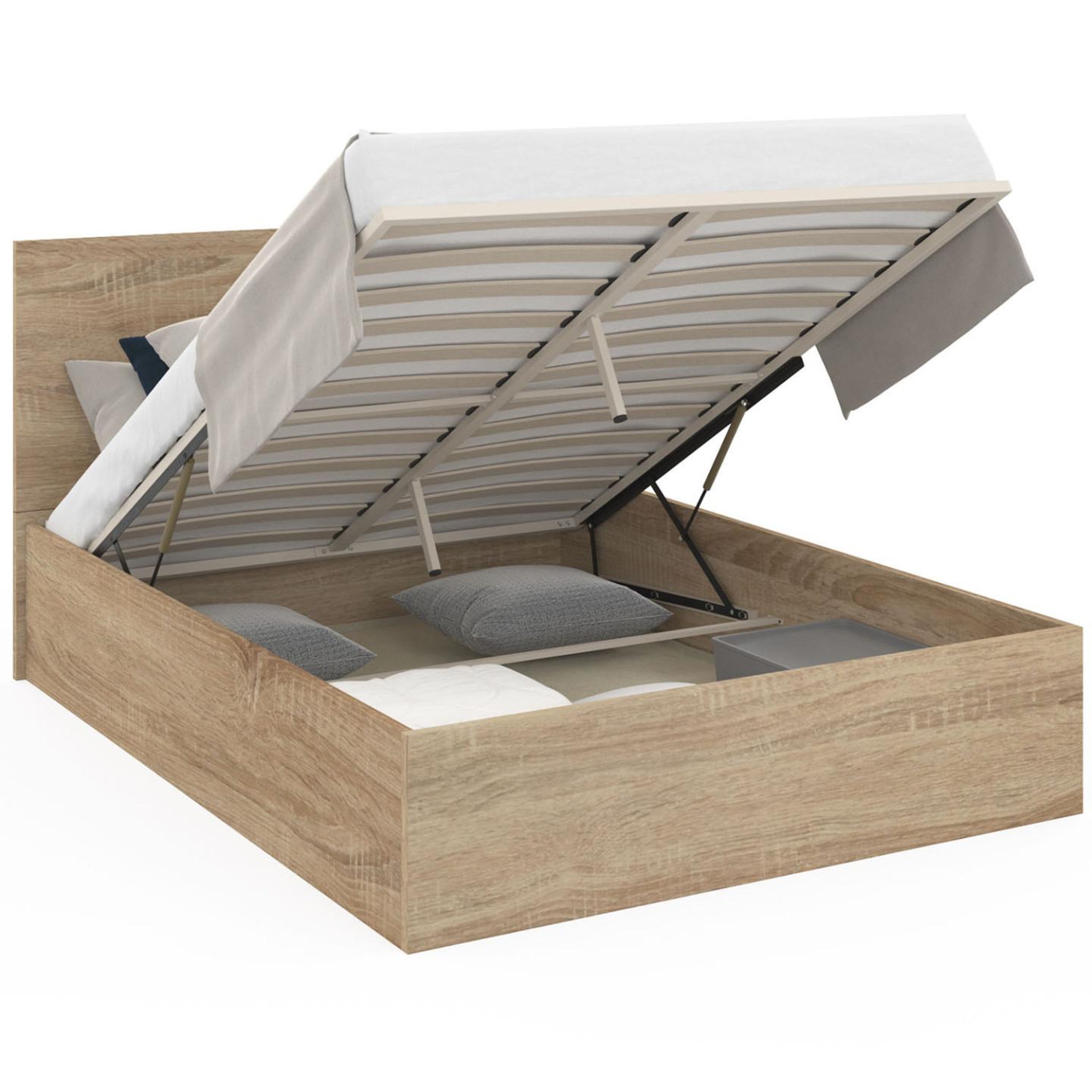 ID MARKET Lit coffre double seaside avec tête de lit et sommier 140x190 cm façon hêtre
