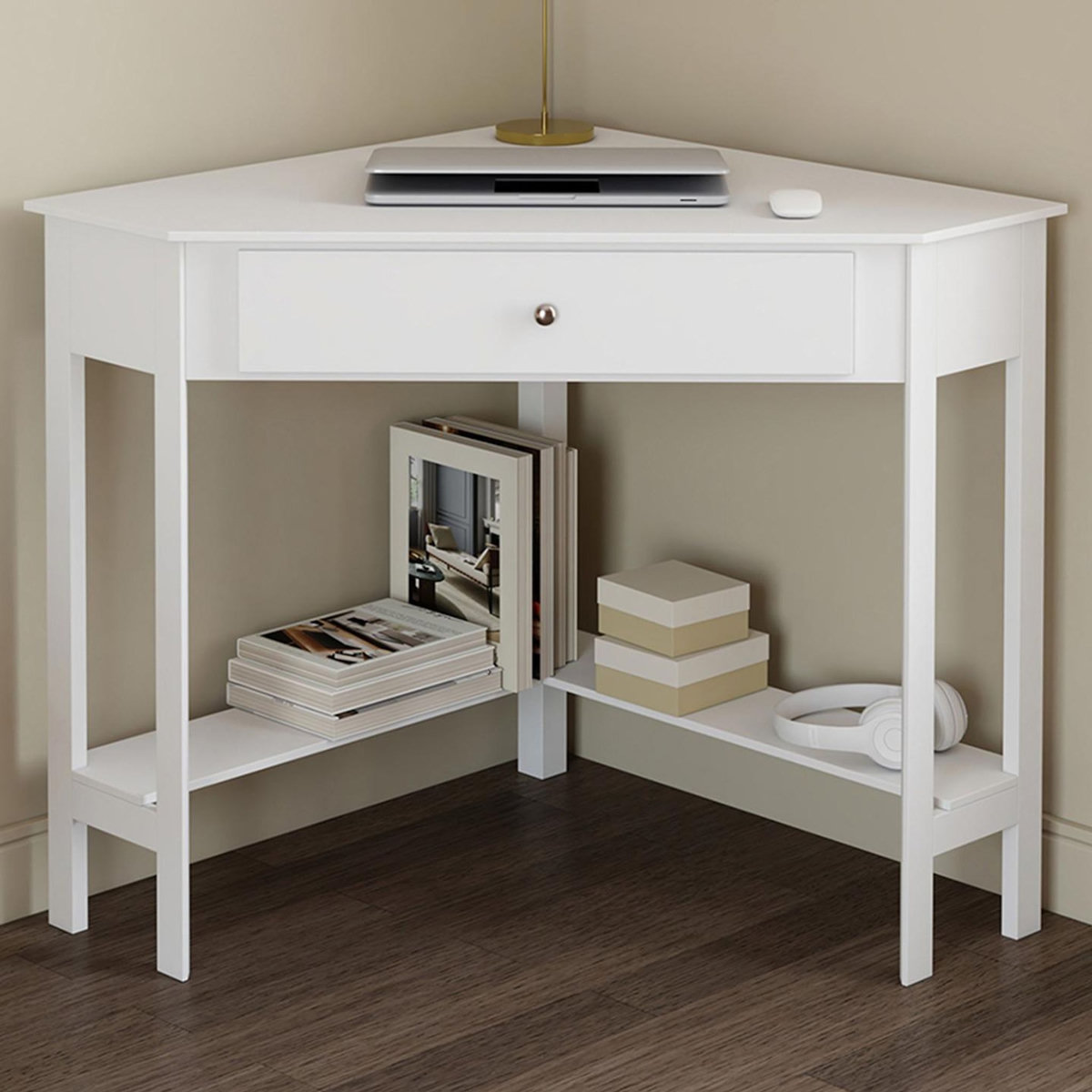 ID MARKET Bureau d'angle REMI blanc gain de place bureau informatique avec rangements et 1 tiroir