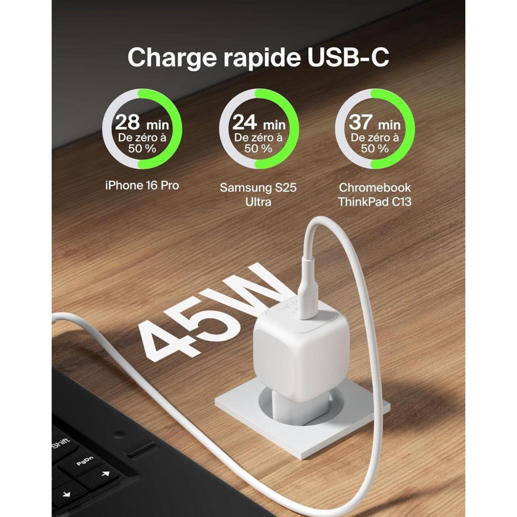 Voir la diapositive 4 : Belkin Chargeur 45w usb charge rapide & 1m c-c blanc