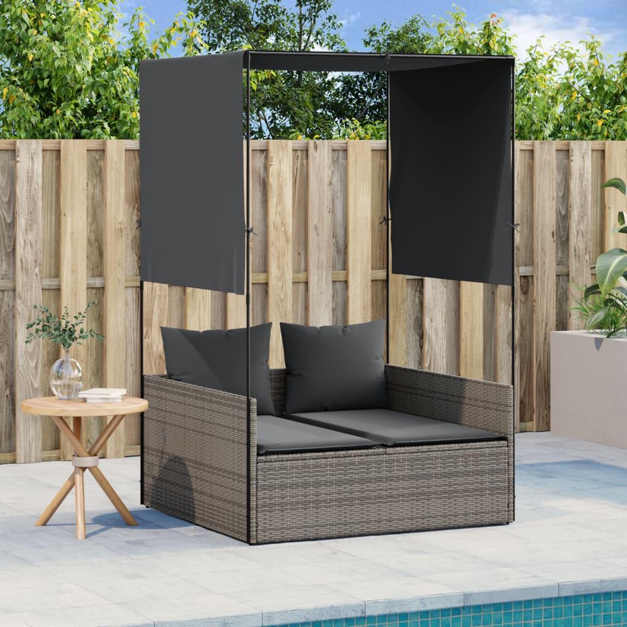VIDAXL Chaise longue double avec toit et rideaux gris resine tressee