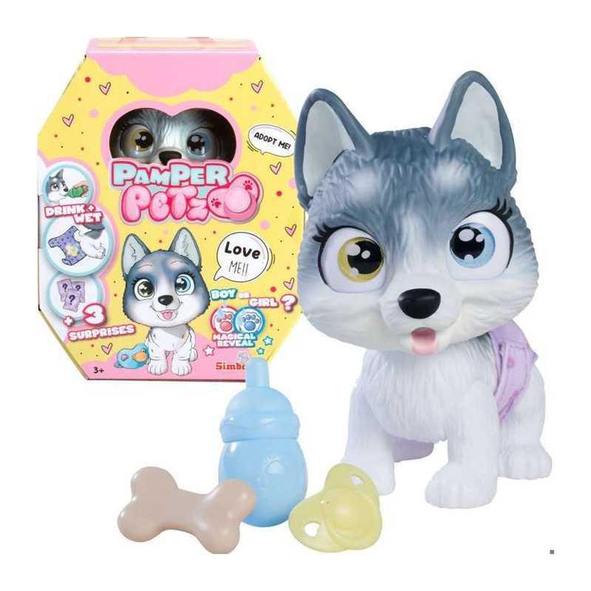 SILVERTORN Smoby - Pamper Petz - Husky a adopter - 4 accessoires - Articulé - Bois et fais pipi - Certificat d'adoption - Des 3 ans