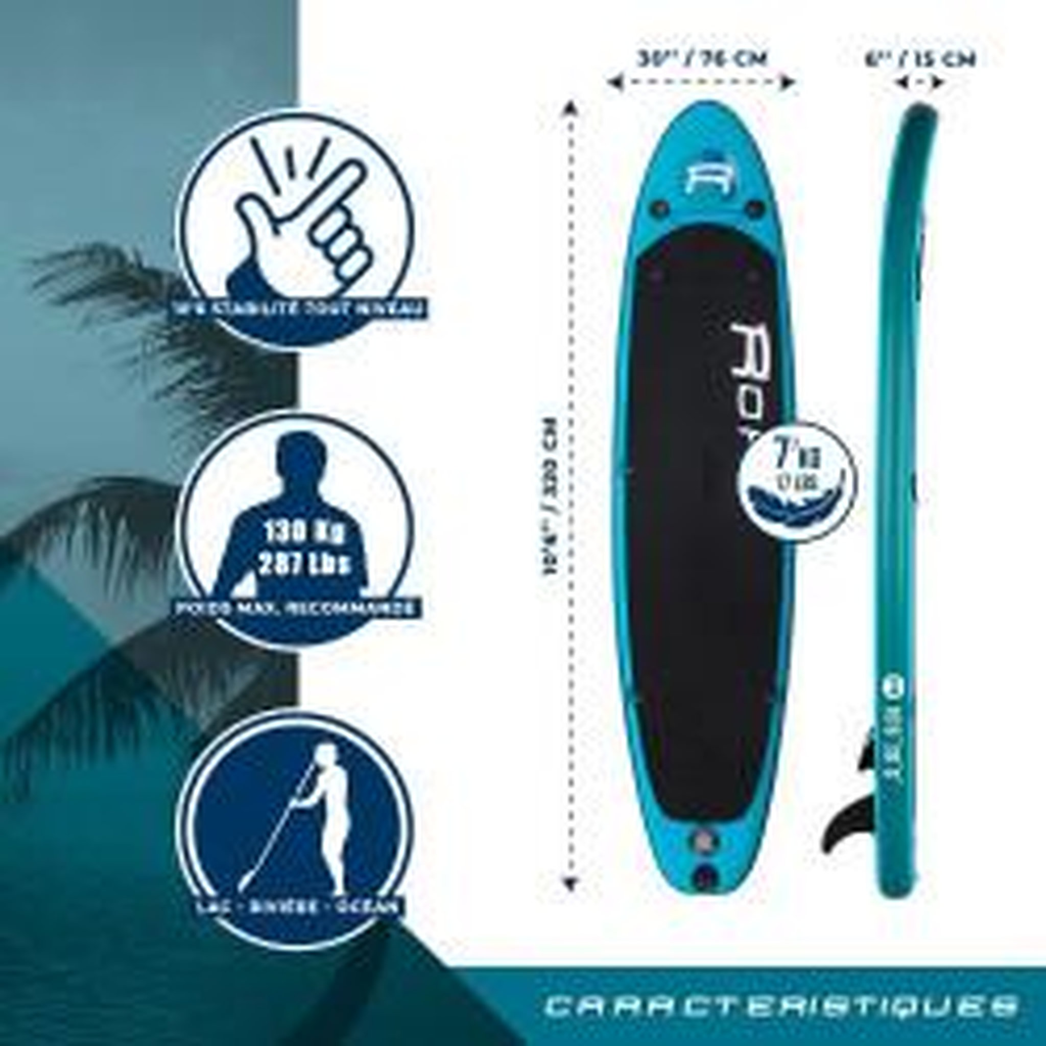 Voir la diapositive 3 : ROHE Stand Up Paddle Gonflable PACIFIC ROHE - 10'6'' (320cm) 30'' (76cm) 6'' (15cm) avec Pompe, Pagaie, Leash et Sac de transport