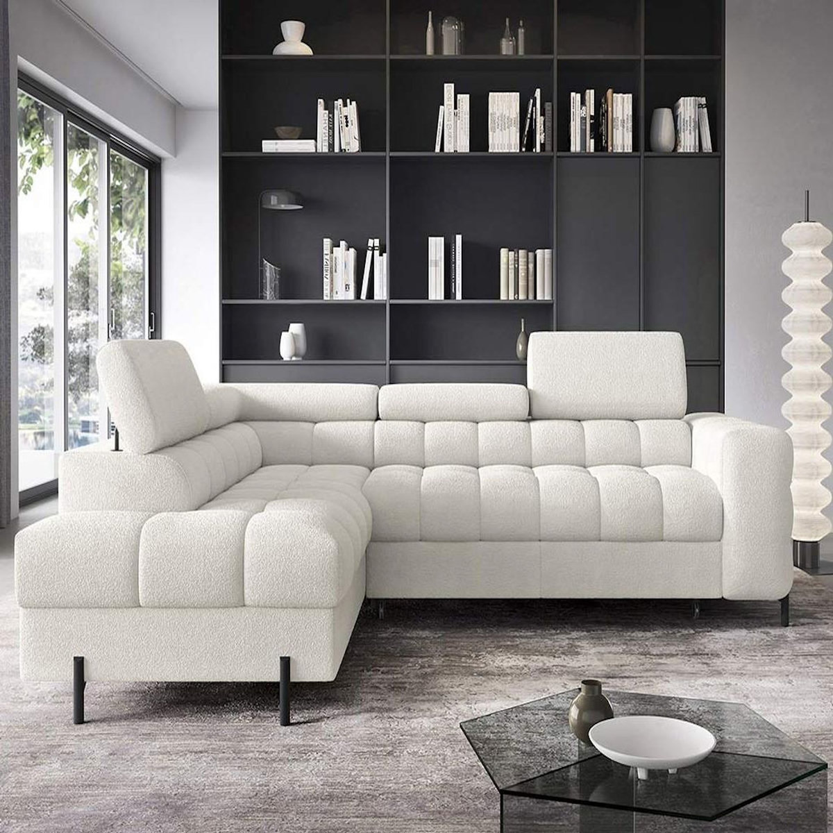 BEST MOBILIER Elisa - canapé d'angle gauche 5 places convertible avec coffre et têtières réglables en tissu bouclette