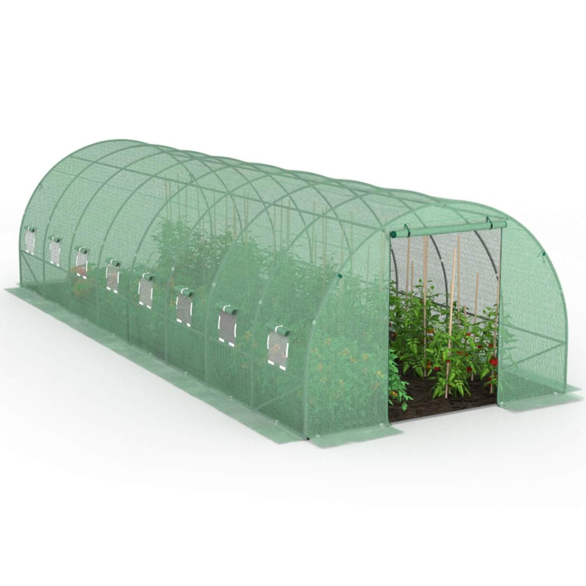 ID MARKET Serre de jardin tunnel 24m² 8 x 3 x 2 m acier galvanisé + bâche anti-uv avec porte et fenêtres des andes verte