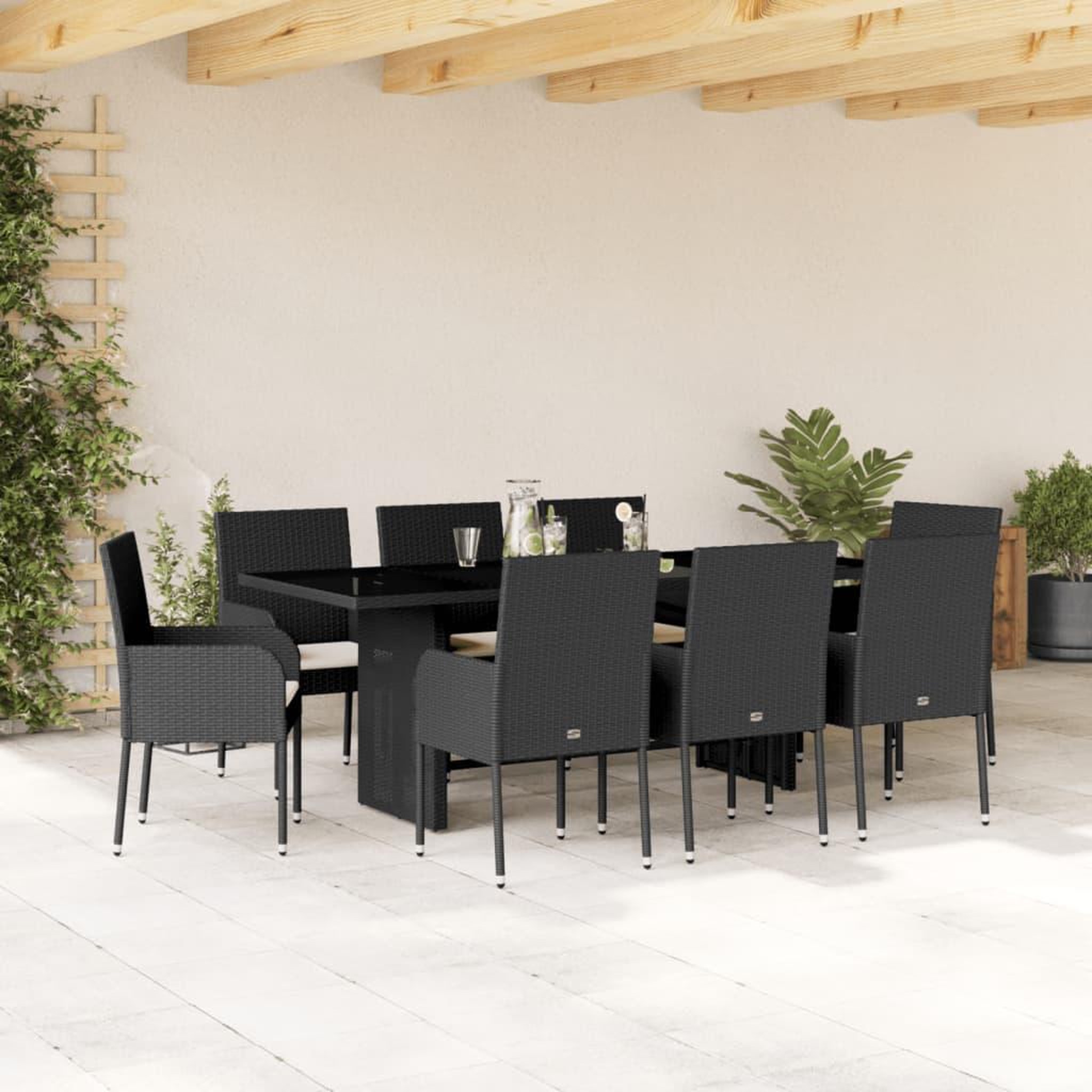 VIDAXL Ensemble a manger de jardin 9pcs coussins noir resine tressee