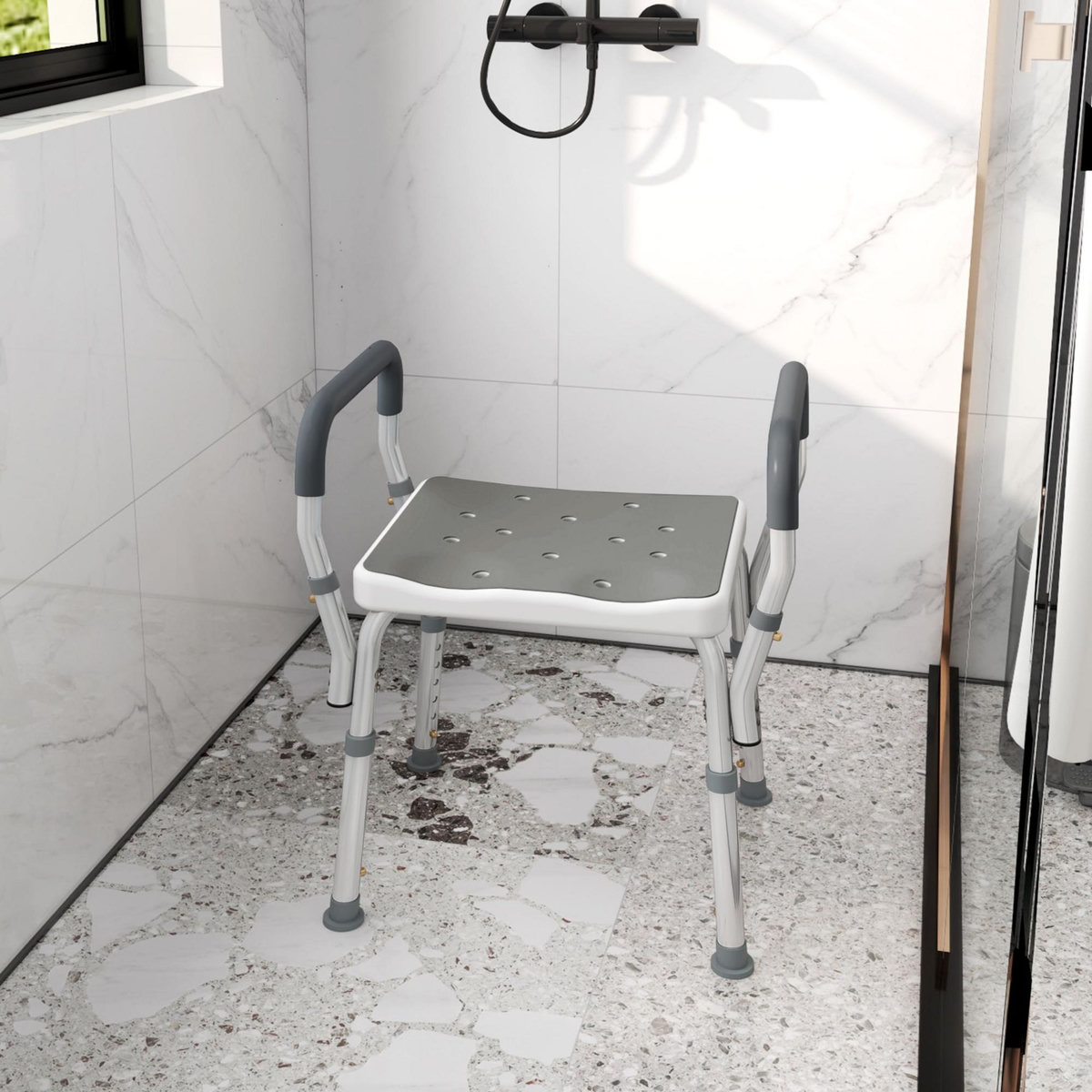 HOMCOM Chaise de douche tabouret de douche antidérapant - hauteur réglable, accoudoirs - alu HDPE gris