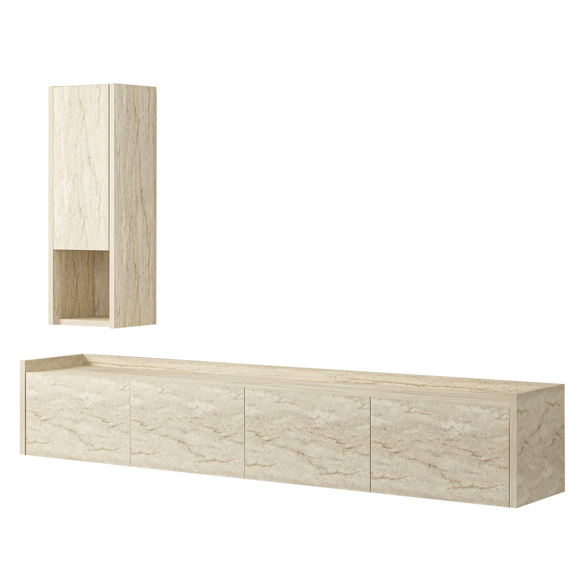 Habitat et Jardin Meuble tv avec étagère murale en bois  sema  - 160 x 30 x 35 cm - travertin