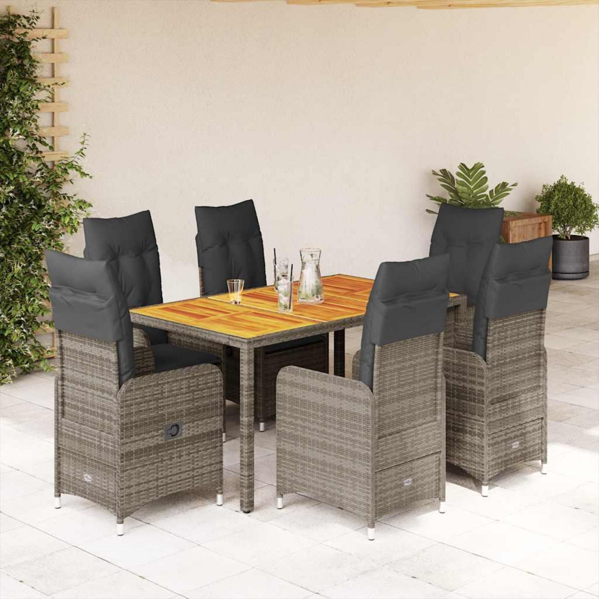 VIDAXL Ensemble de bistro de jardin 7 pcs coussins gris poly rotin