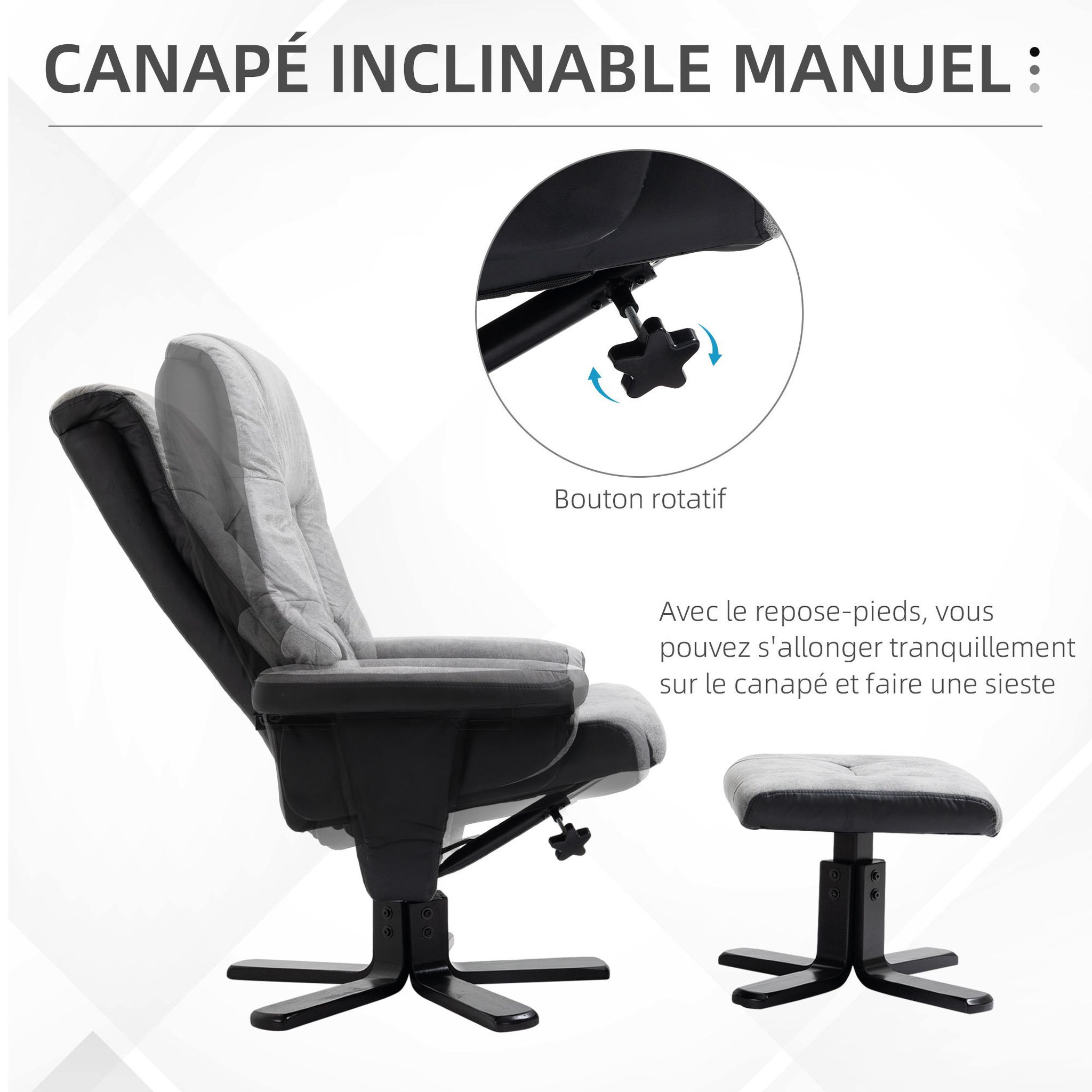 Voir la diapositive 5 : HOMCOM Fauteuil relax style contemporain - dossier inclinable, repose-pied - piètement bois peuplier noir tissu technique gris