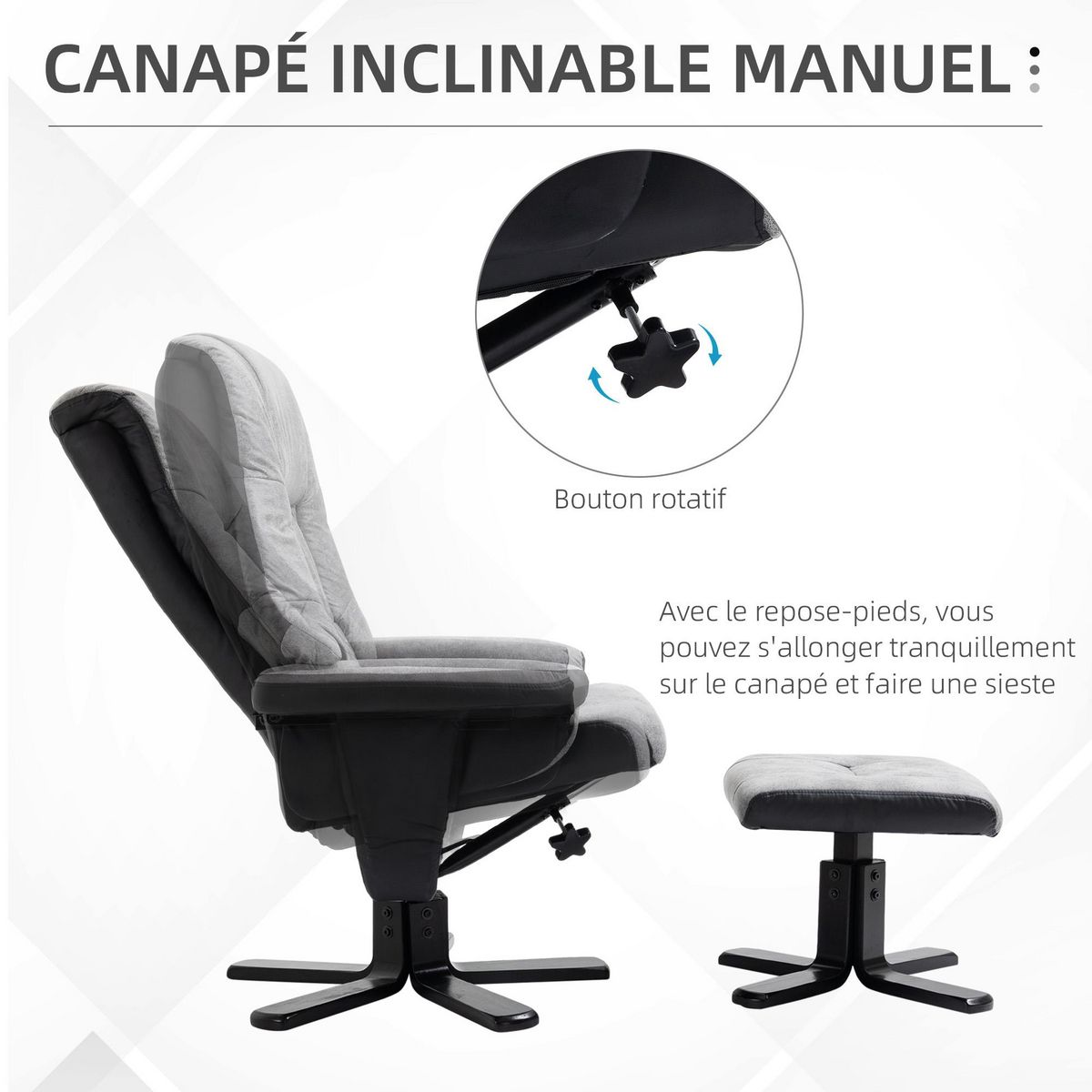 HOMCOM Fauteuil relax style contemporain - dossier inclinable, repose-pied - piètement bois peuplier noir tissu technique gris